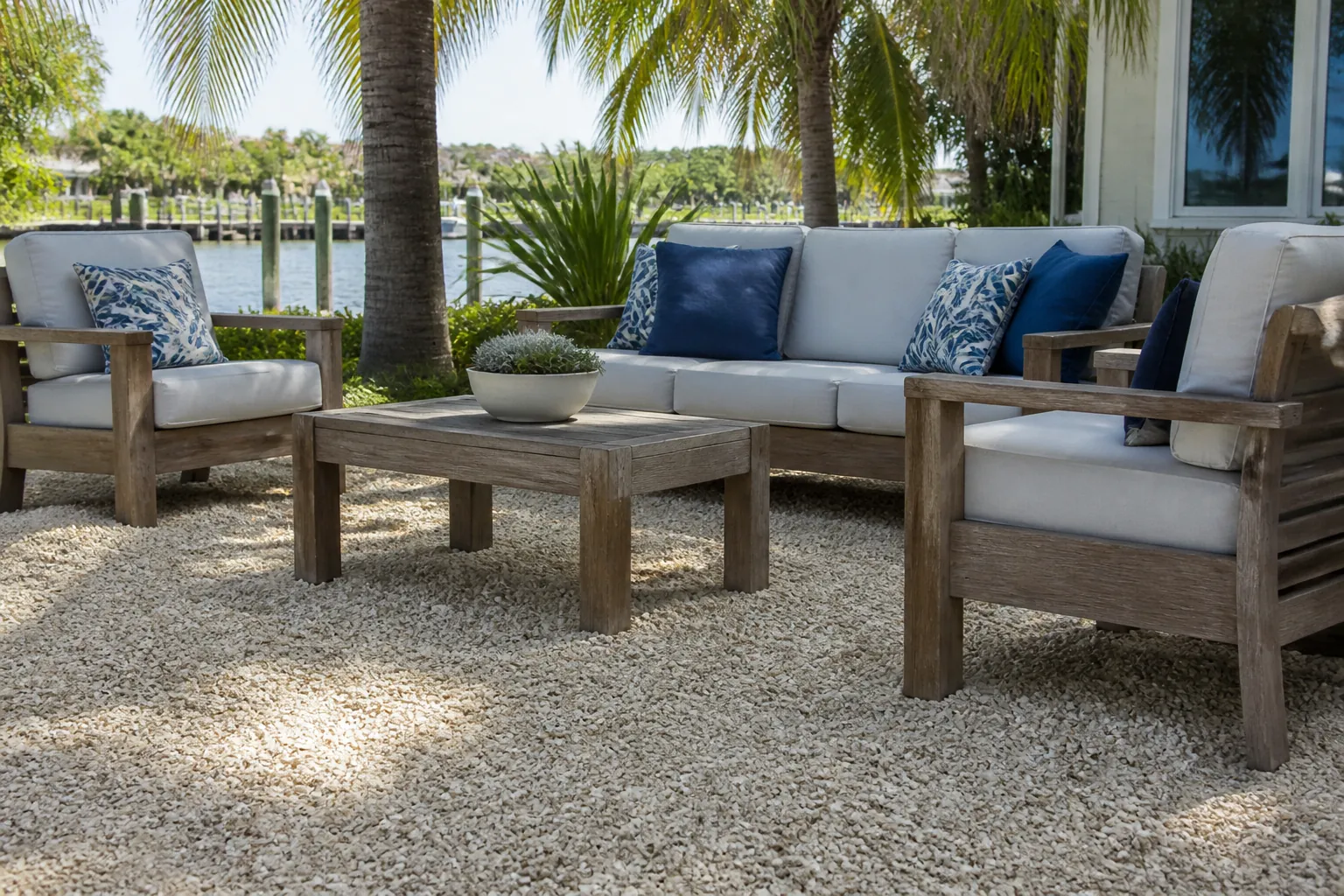 Outdoor Furniture on a Crushed Shell Patio Wooden outdoor chairs, a sofa with blue pillows, and a coffee table sit on crushed shell ground beside palms and water.