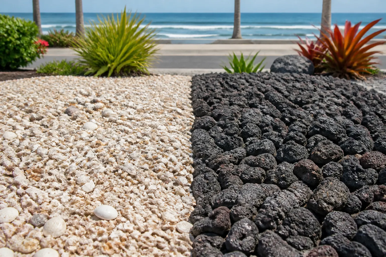 Coquina Shell and Lava Rock in Coastal Landscaping Light coquina shell mulch beside dark porous lava rock, with tropical plants, palm trunks, a road, and ocean waves behind.