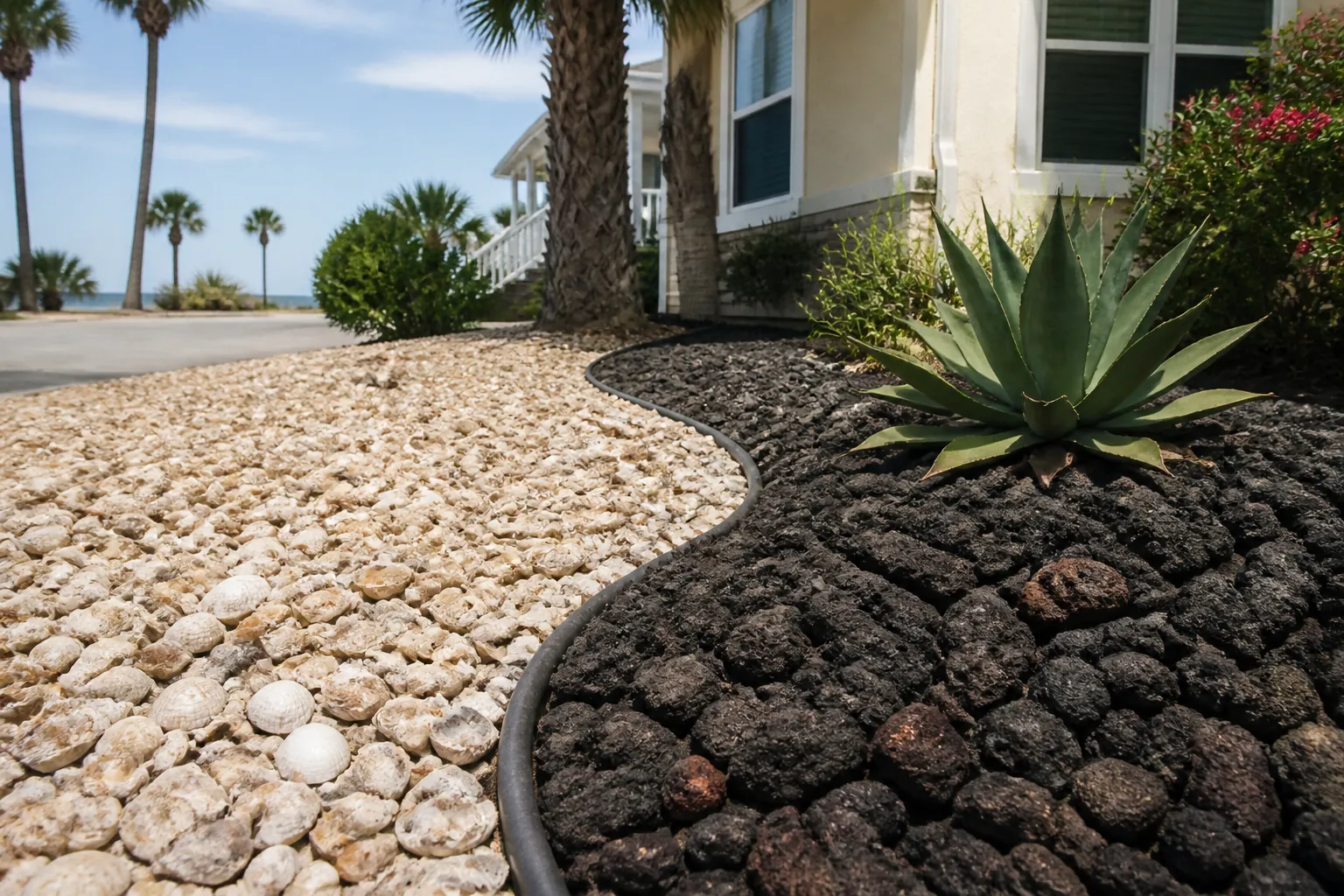Coquina Shell and Lava Rock Landscaping Beds Light coquina shells and dark lava rock form curved landscaping beds beside a house, with an agave and palm trees.