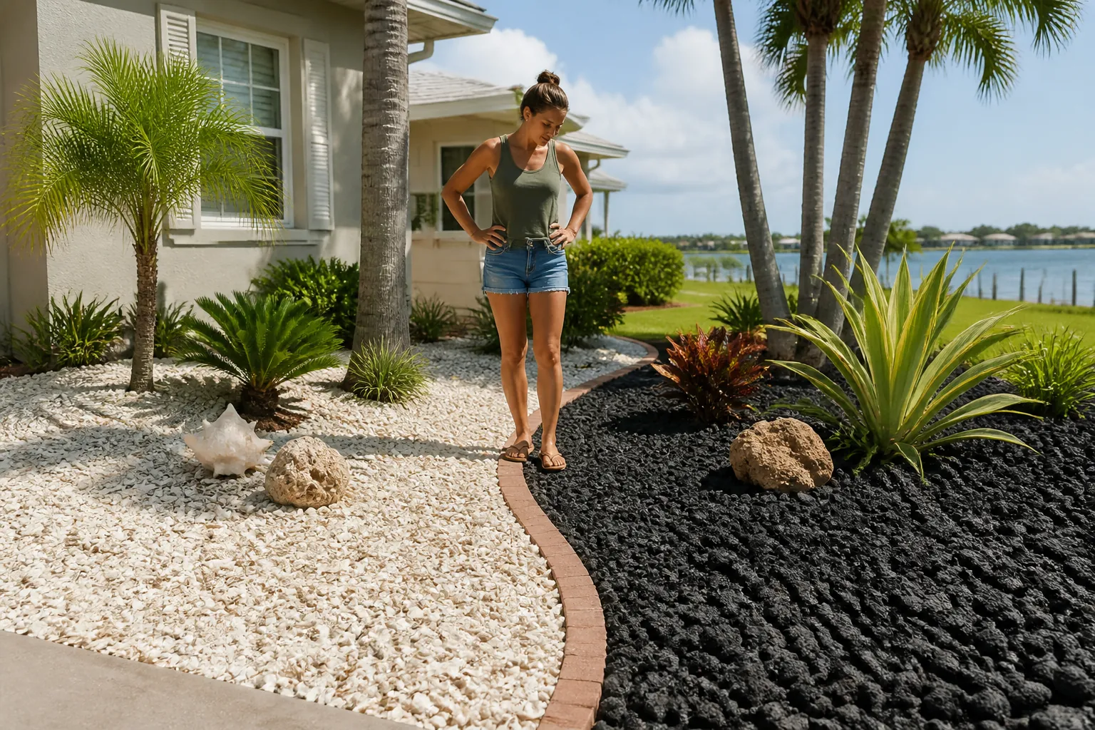 White Shell Mulch and Black Lava Rock in a Tropical Yard A woman stands between white shell mulch and black lava rock beds with palms and tropical plants beside a waterfront house.
