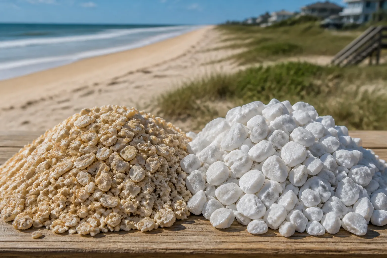 Tan coquina shell aggregate and white marble chips sit in separate piles on a wooden surface overlooking a sandy beach.