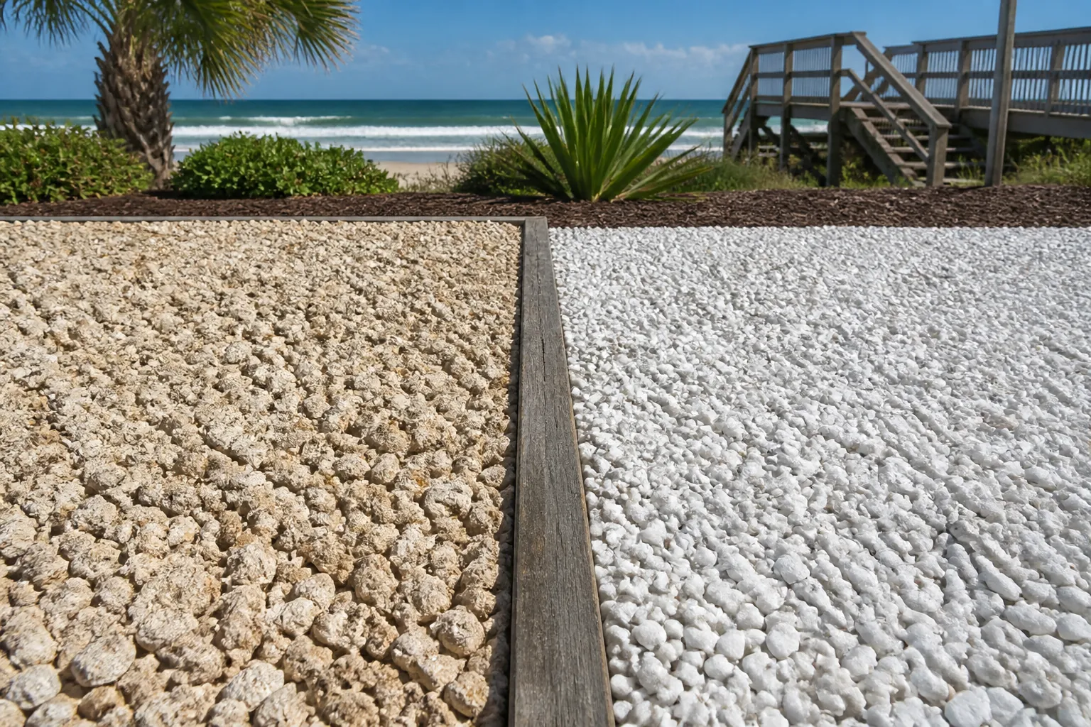 Tan coquina aggregate and white marble chips in adjacent wood-bordered beds beside a beach with palms and wooden stairs.
