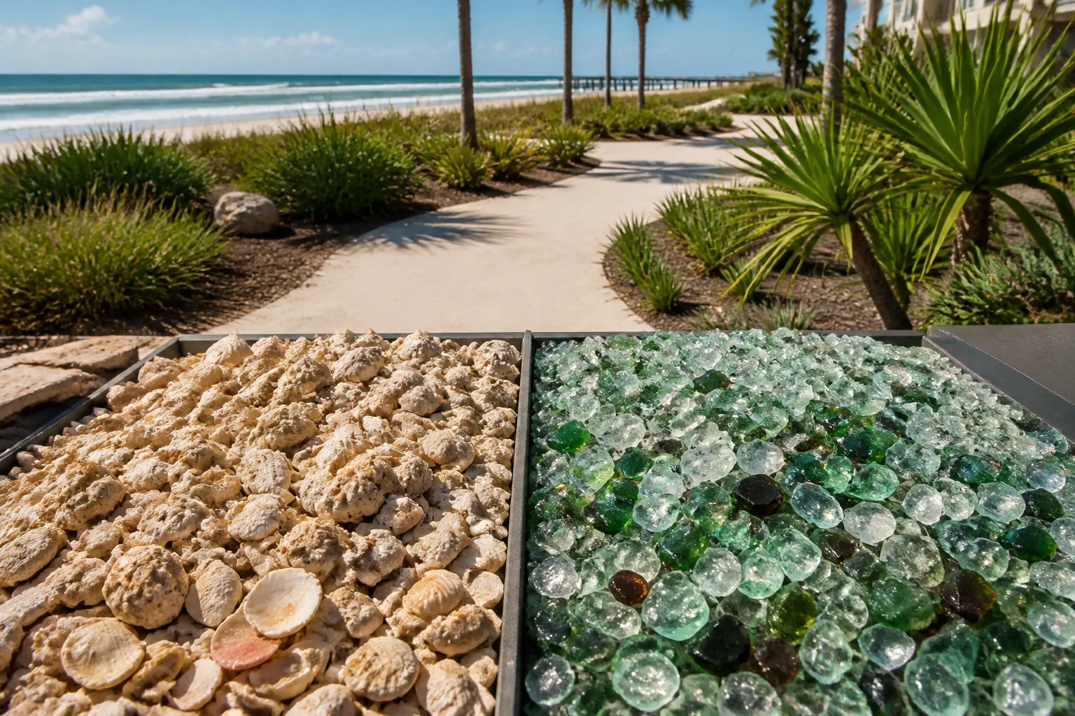 Coquina Shells and Recycled Glass by the Beach Side-by-side trays of tan coquina shells and green recycled glass beside a palm-lined oceanfront walkway.