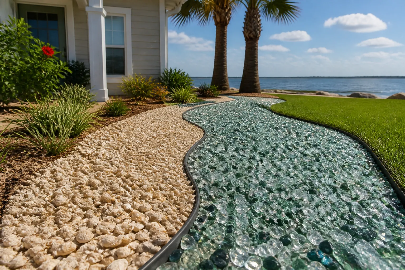 Shell and Glass Ground Cover in a Waterfront Yard Cream-colored shell ground cover beside a curving bed of blue-green glass pieces near a waterfront house, lawn and palm trees.