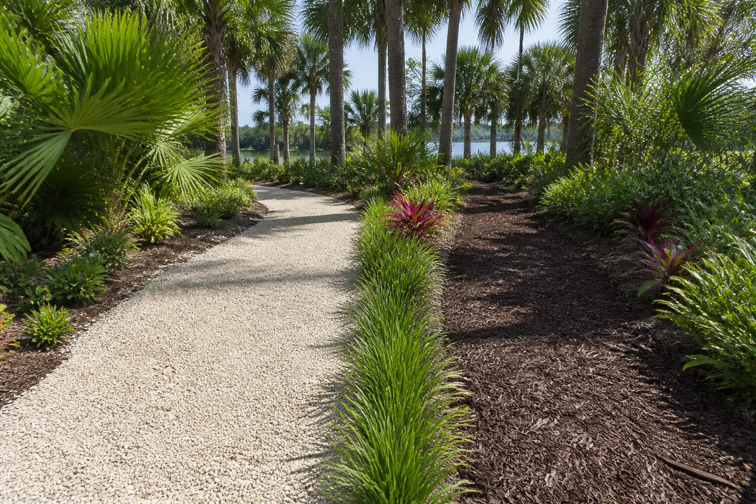 Shell and Mulch Pathways Through a Palm Garden A pale shell pathway and a dark mulch pathway run side by side through palm trees, separated by a strip of green plants.