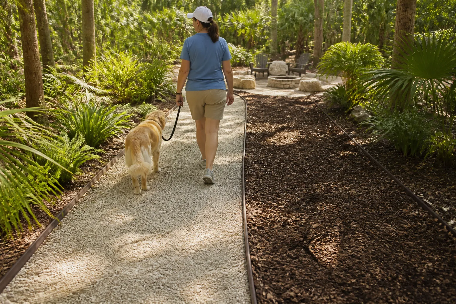 Walking a Dog on a Shell Path Beside Mulch A woman walks a golden dog on a pale shell pathway beside a dark mulch path amid palms and lush greenery.