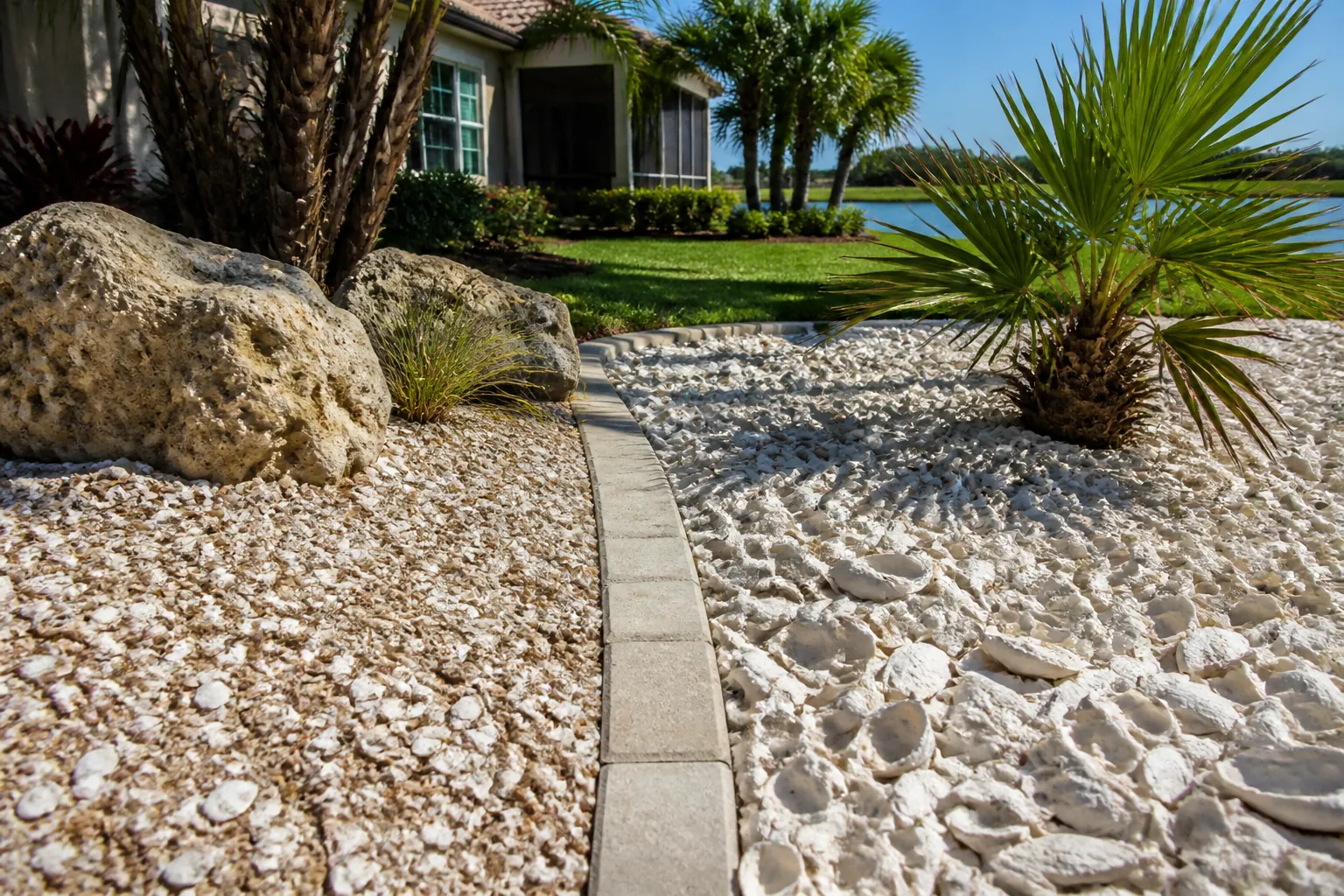 Contrasting Shell Landscaping Beds with Palms and Boulders Curved concrete edging separates tan crushed shell and larger white shell landscaping beds with boulders and palms beside a house.; coquina shell vs oyster shell landscaping planning guide