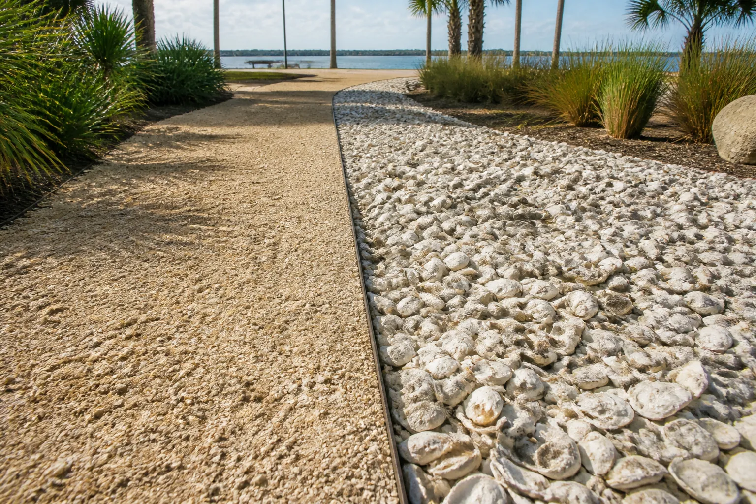 Crushed Shell Path Beside White Shell Landscaping Tan crushed-shell path beside a bed of large white shells, bordered by palms and ornamental grasses along a waterfront.