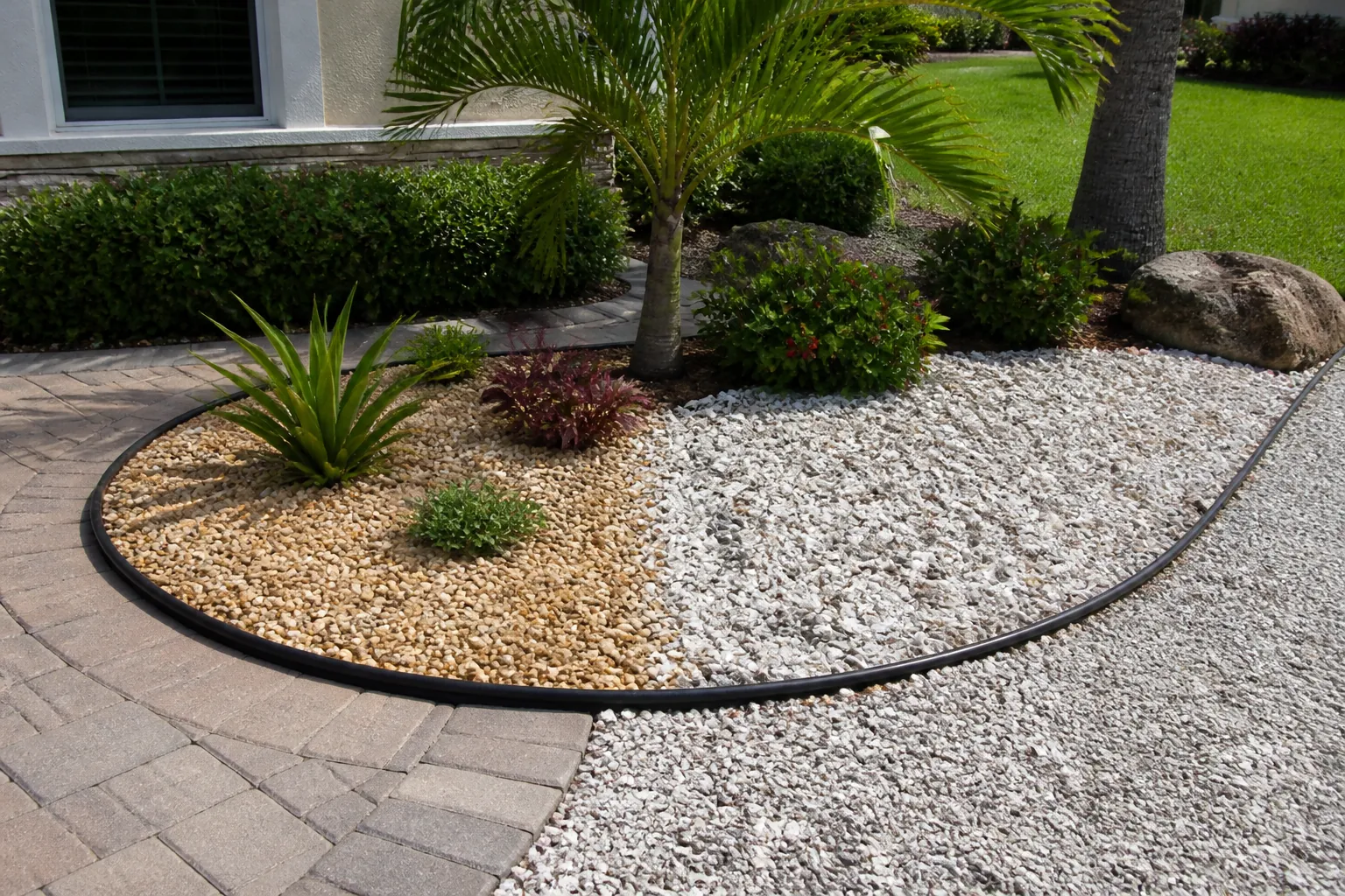 Tan and White Shell Landscaping Beside a Paver Walkway Tan and white shell ground cover fills a curved, black-edged landscape bed with palms and shrubs beside a paver walkway.