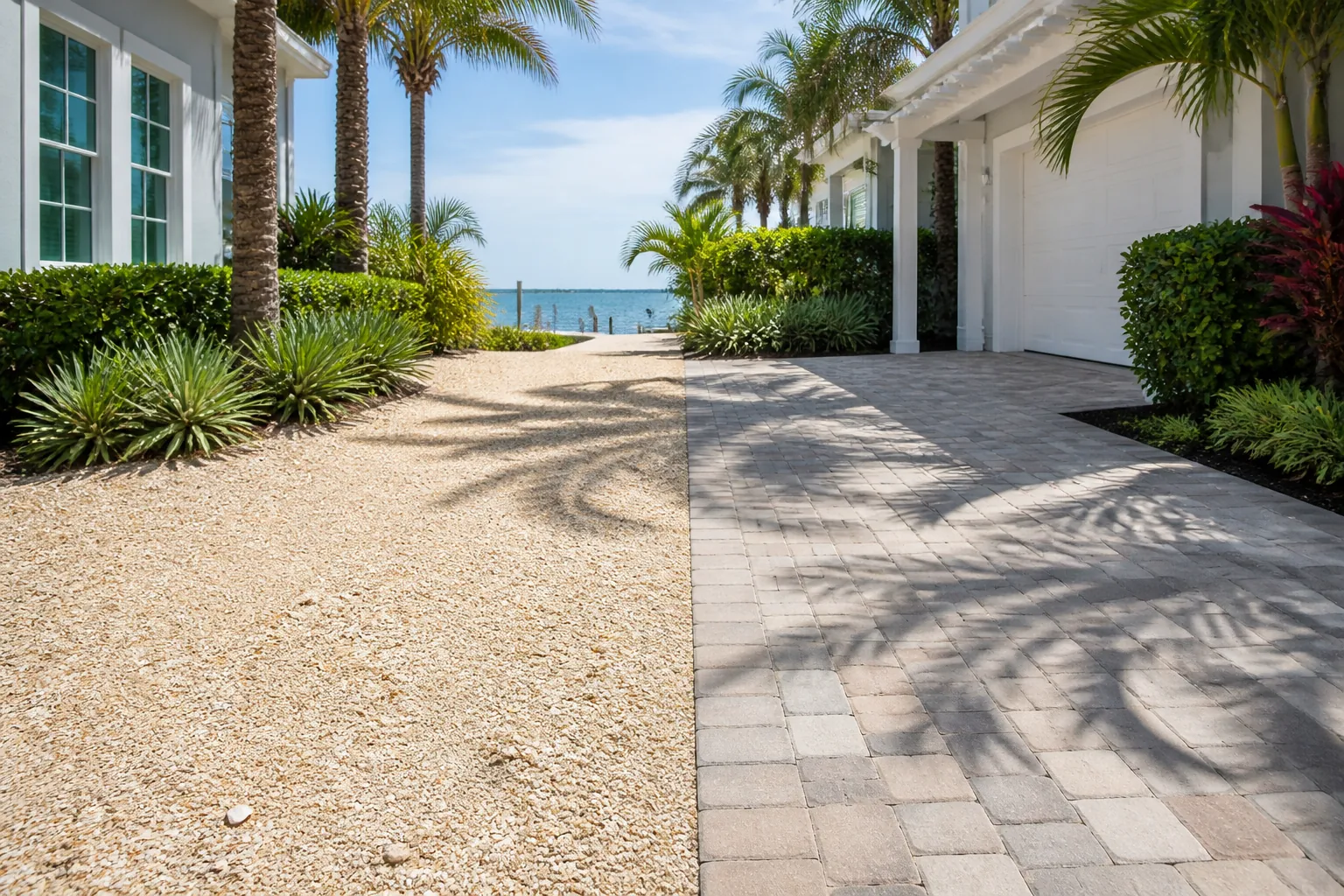 Shell Aggregate and Pavers Beside Coastal Homes Light shell aggregate beside gray rectangular pavers between white coastal homes, with palms and water in the distance.