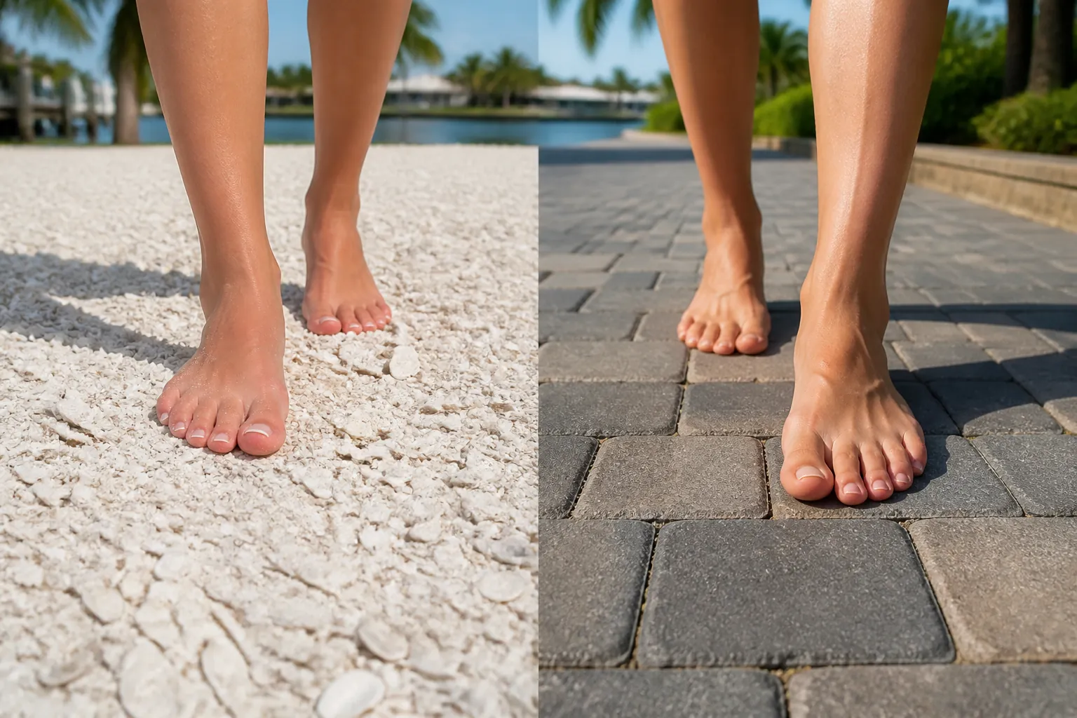 Bare Feet on Crushed Shells and Gray Pavers Side-by-side views of bare feet walking on white crushed shells and gray pavers, with palms and water in the background.