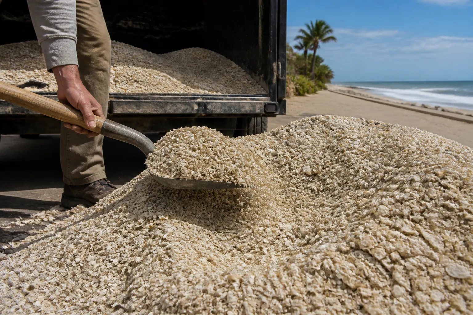 Shoveling Coquina Shells Beside a Beachfront Truck A worker shovels crushed coquina shells from a large pile beside a loaded truck, with a beach and palm trees behind.