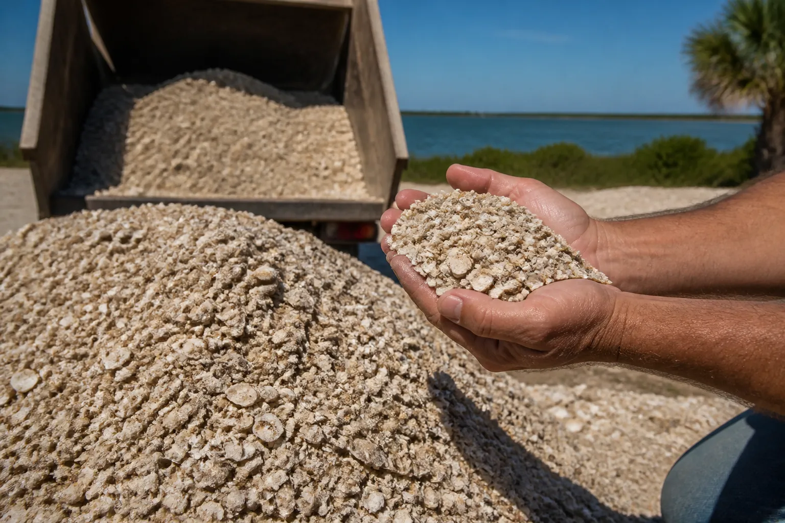 Coquina Shell in Cupped Hands Beside a Bulk Pile Cupped hands hold crushed coquina shell beside a large shell pile and a raised dump truck bed near coastal water.