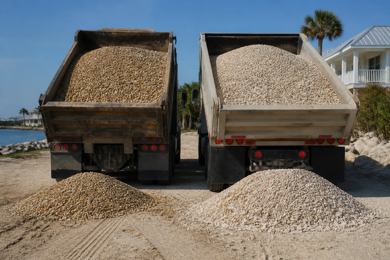 Two Dump Trucks Carrying Different Shell Loads Two dump trucks carry tan and pale crushed shell, with separate shell piles on a sandy waterfront road.