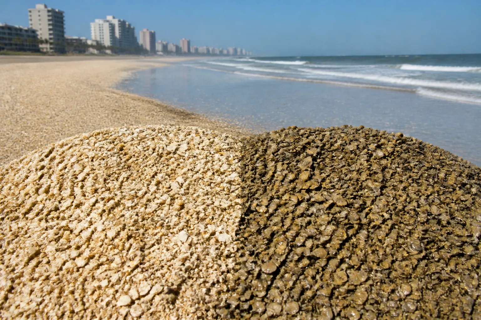 Dry and Wet Coquina Shell Colors Beside the Beach Pale dry coquina shell beside darker wet shell in the foreground, with ocean waves, sandy beach, and high-rise buildings beyond.; coquina shell wet vs dry color planning guide