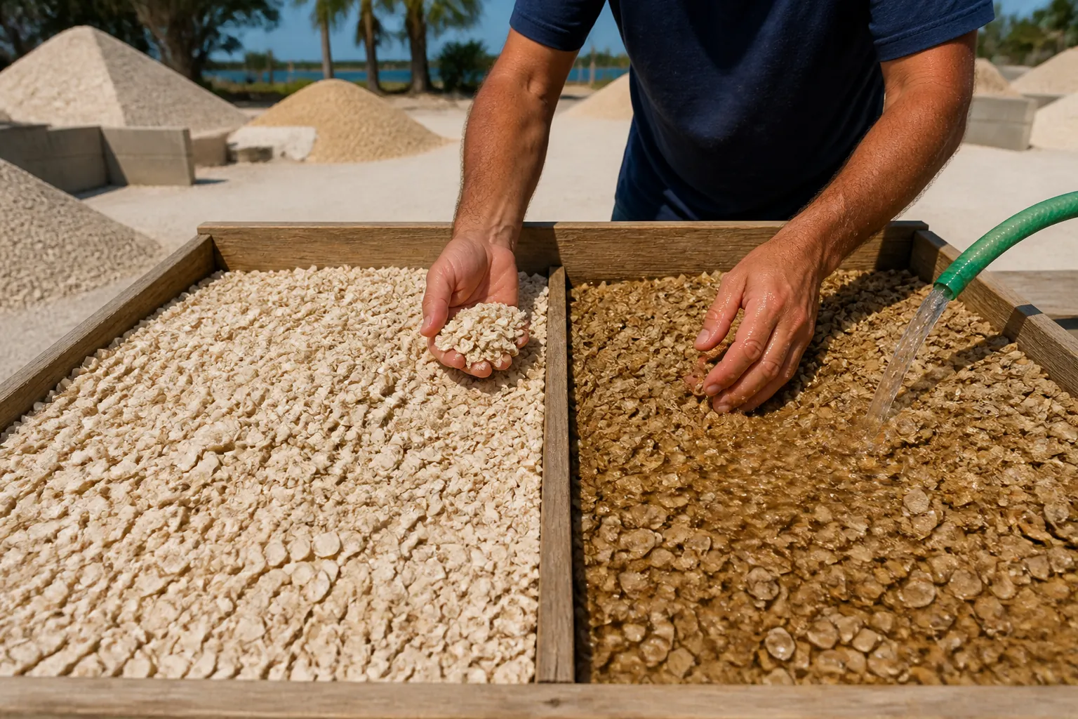 Comparing Wet and Dry Coquina Shell Colors A person compares pale dry coquina shell with darker wet shell in divided wooden bins as water flows from a green hose.