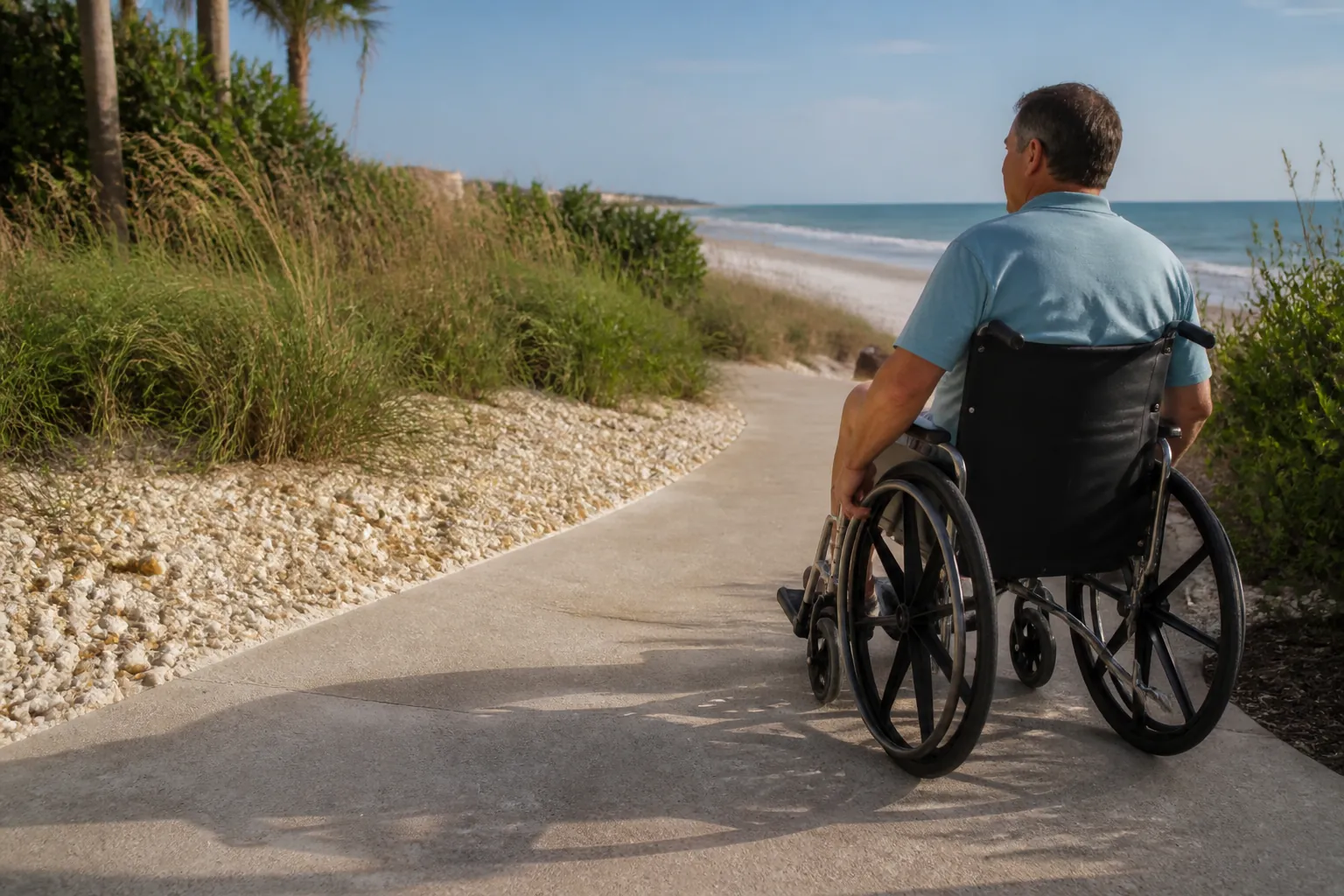A man in a wheelchair follows a smooth concrete path beside a shell-covered border, coastal grasses, and a sandy beach.