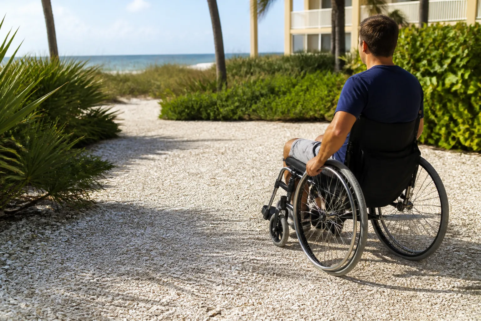 A man in a manual wheelchair faces the ocean on a shell-covered path bordered by palms, shrubs, and beachfront buildings.