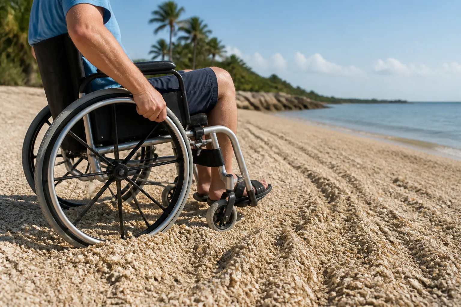A person in a manual wheelchair grips the wheel rim on a loose shell-covered shoreline, with deep tracks beside the water.