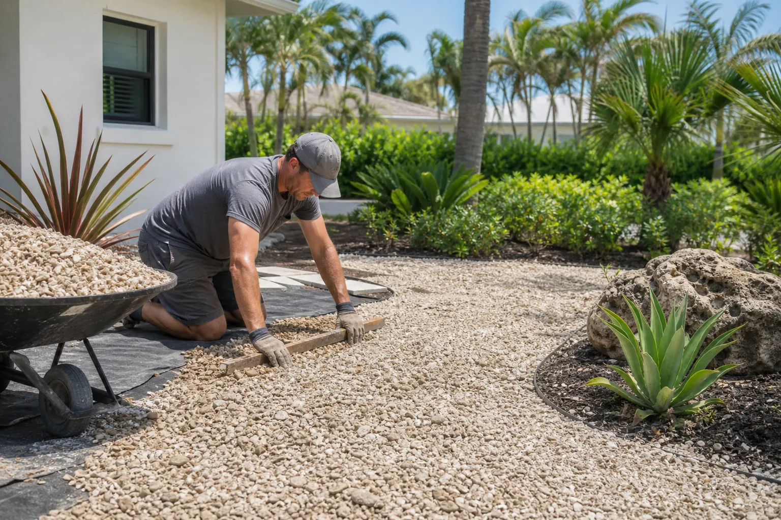 Leveling Shell Gravel in a Tropical Yard A kneeling man levels pale shell gravel beside a loaded wheelbarrow in a yard landscaped with palms, agaves and rocks.