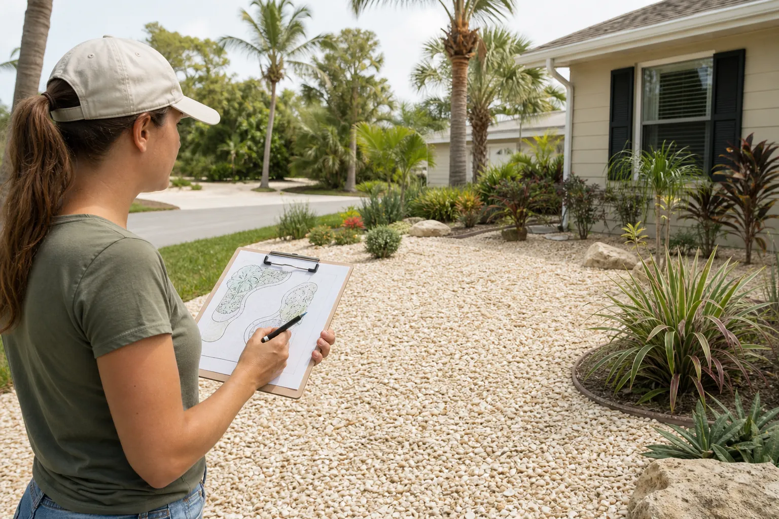 Planning a Shell Yard With Defined Planting Beds A woman holds a clipboard with a landscape sketch beside a shell-covered front yard with curved planting beds and palms.