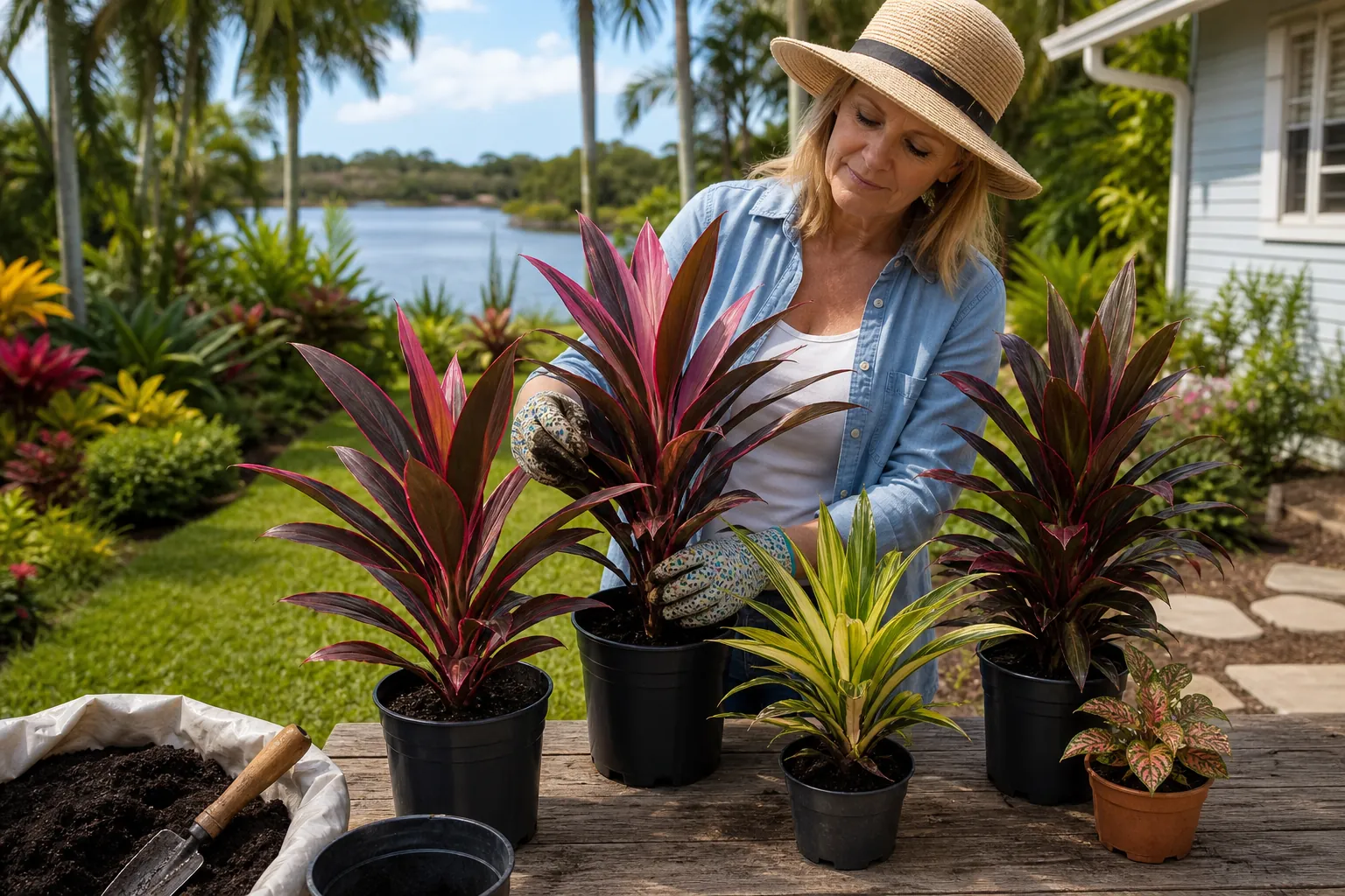 Potting colorful cordyline plants in a Florida garden Woman in a sun hat potting colorful cordyline plants at a garden table beside a tropical waterfront yard.