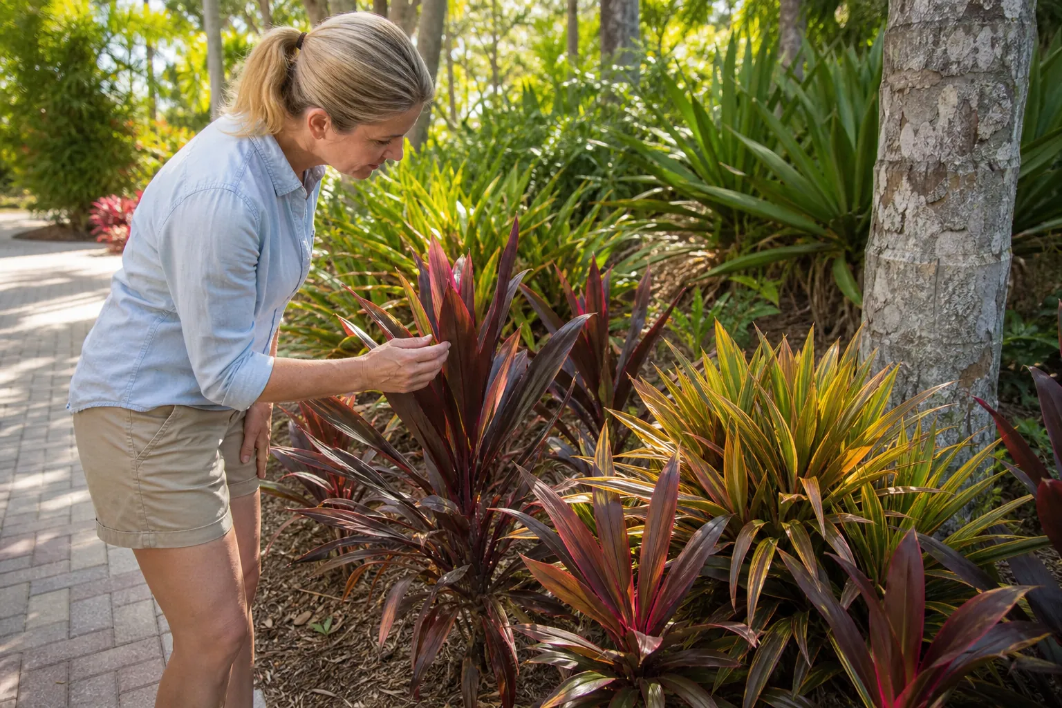 Woman Examining Cordylines in a Sunny Garden Woman examining red and gold cordyline plants in a sunny, mulched garden bed beside a paved walkway.