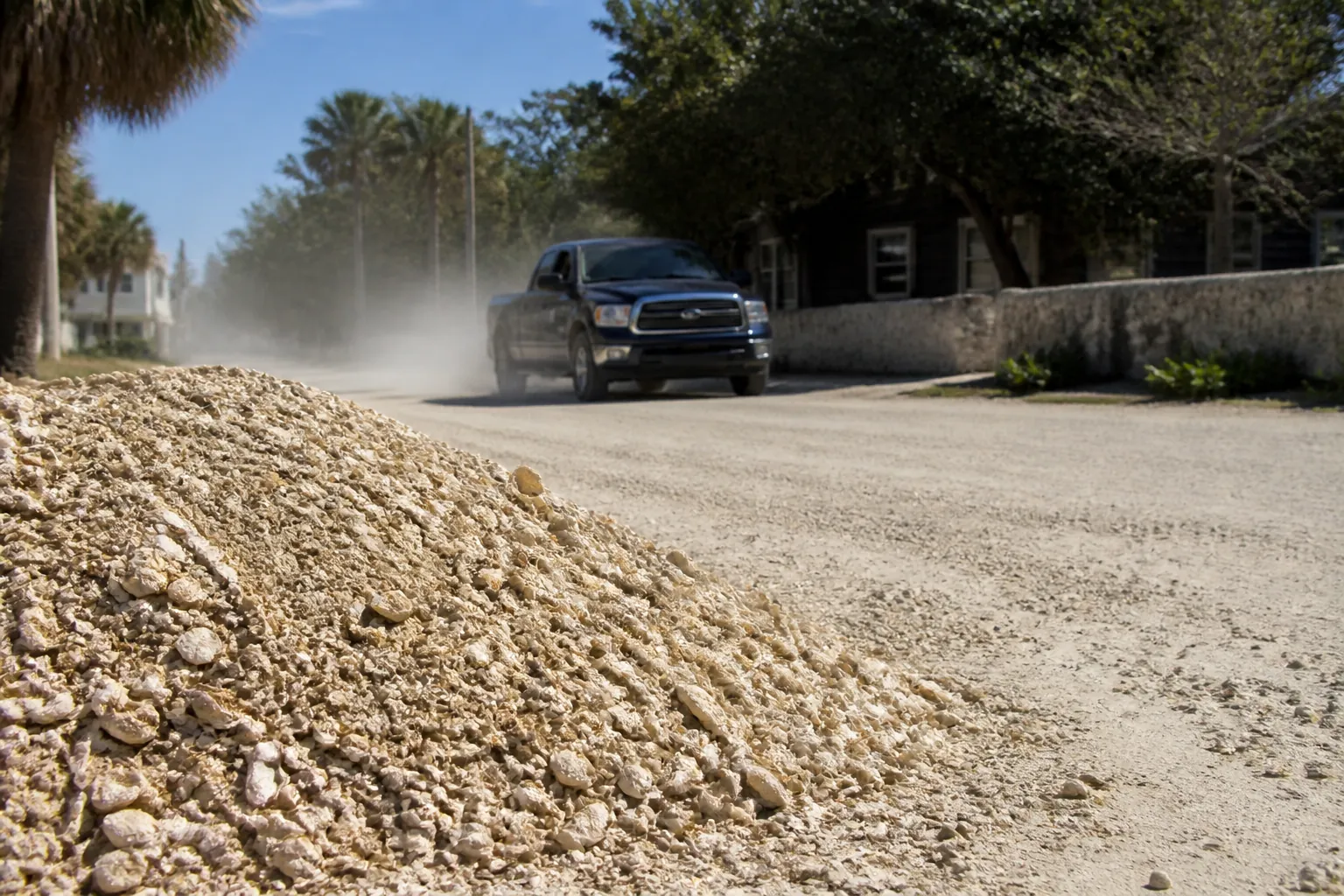Crushed Shell Pile Beside a Dusty Road A pile of crushed shell beside a pale, dusty road as a blue pickup truck passes, raising a cloud of dust.; does coquina shell create dust planning guide