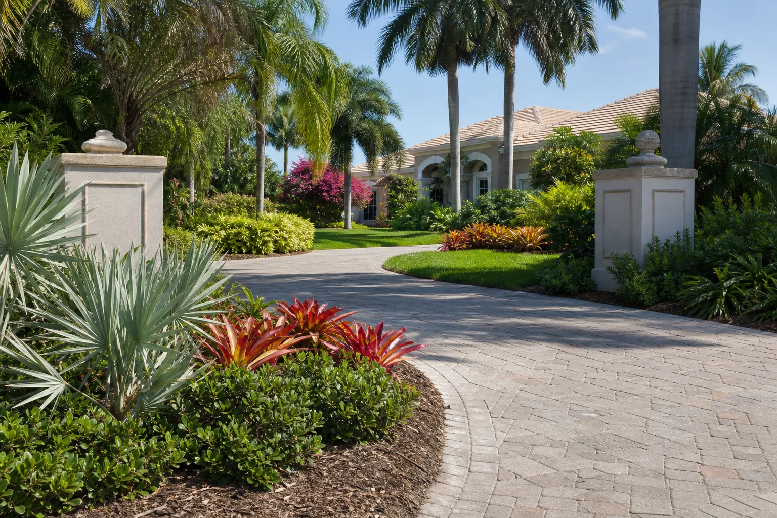 Florida Driveway Entrance with Tropical Landscaping Curved paver driveway framed by palms, bromeliads, shrubs, and stone entrance pillars at a Florida home.