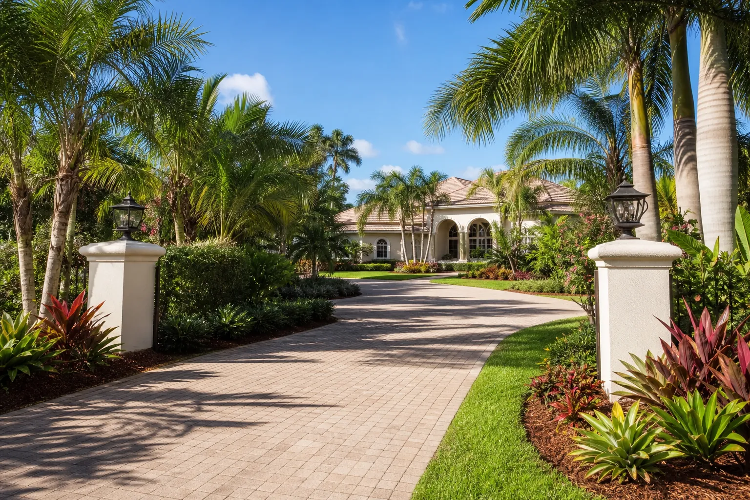 Landscaped Florida Driveway Entrance With Palms Palm-lined paver driveway with lush tropical landscaping leading to a large Florida-style home