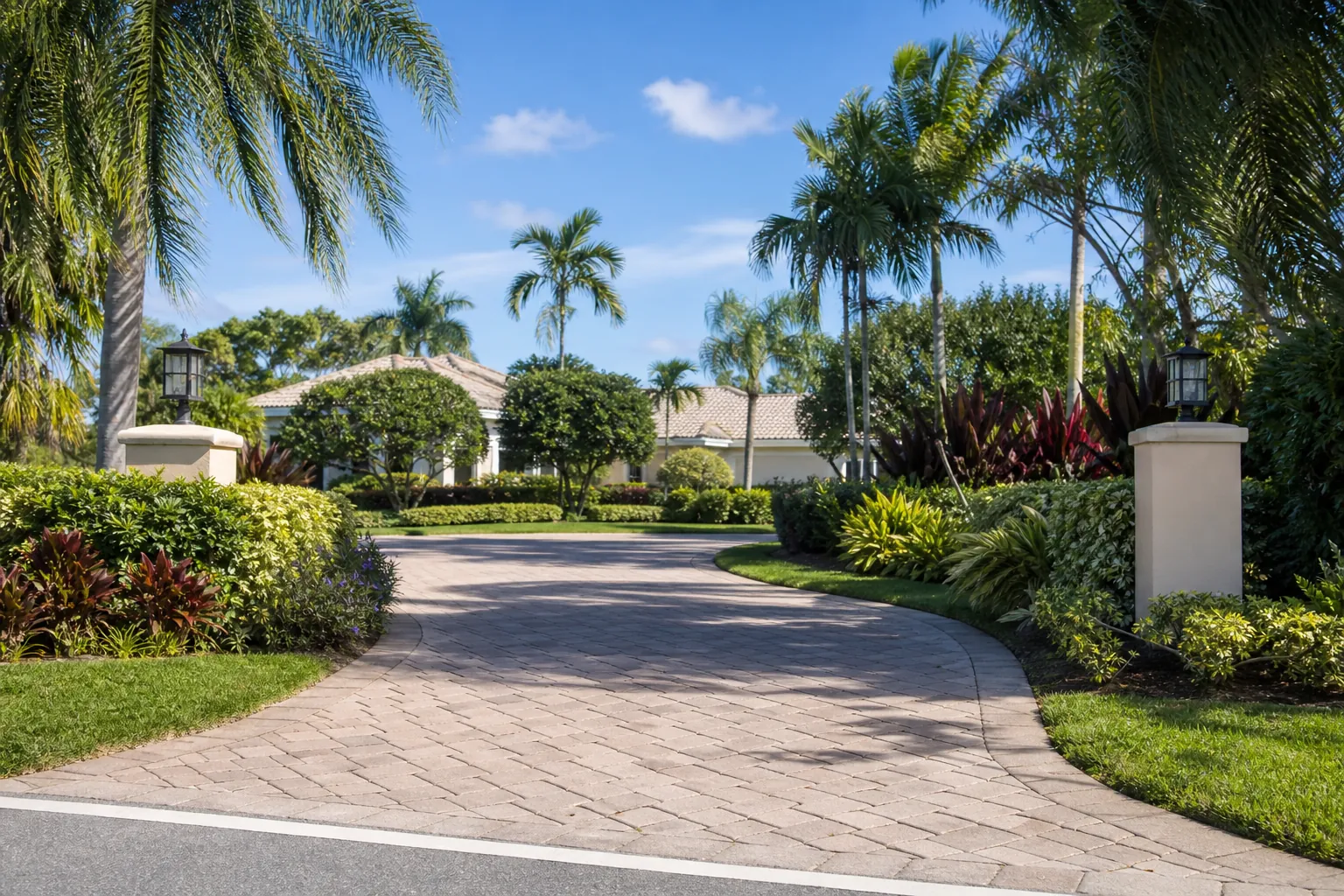 Florida Driveway Entrance with Lush Tropical Landscaping Curved paver driveway entrance framed by lantern pillars, palms, shrubs, and tropical landscaping at a Florida home.