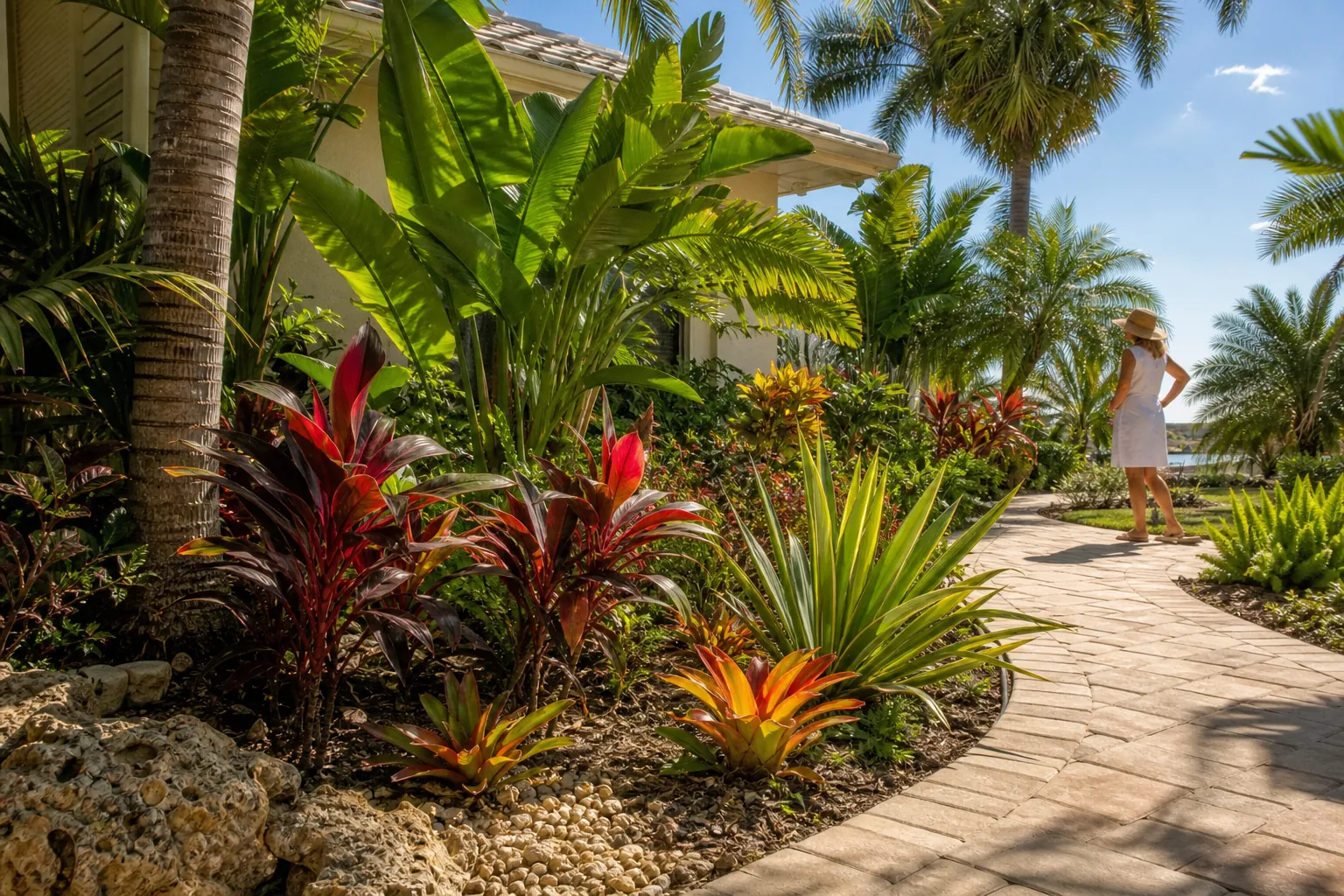 Sunlit Florida Garden With Tropical-Looking Plants Woman in a sun hat walks beside a Florida garden filled with palms, bromeliads, cordylines, and spiky tropical foliage.