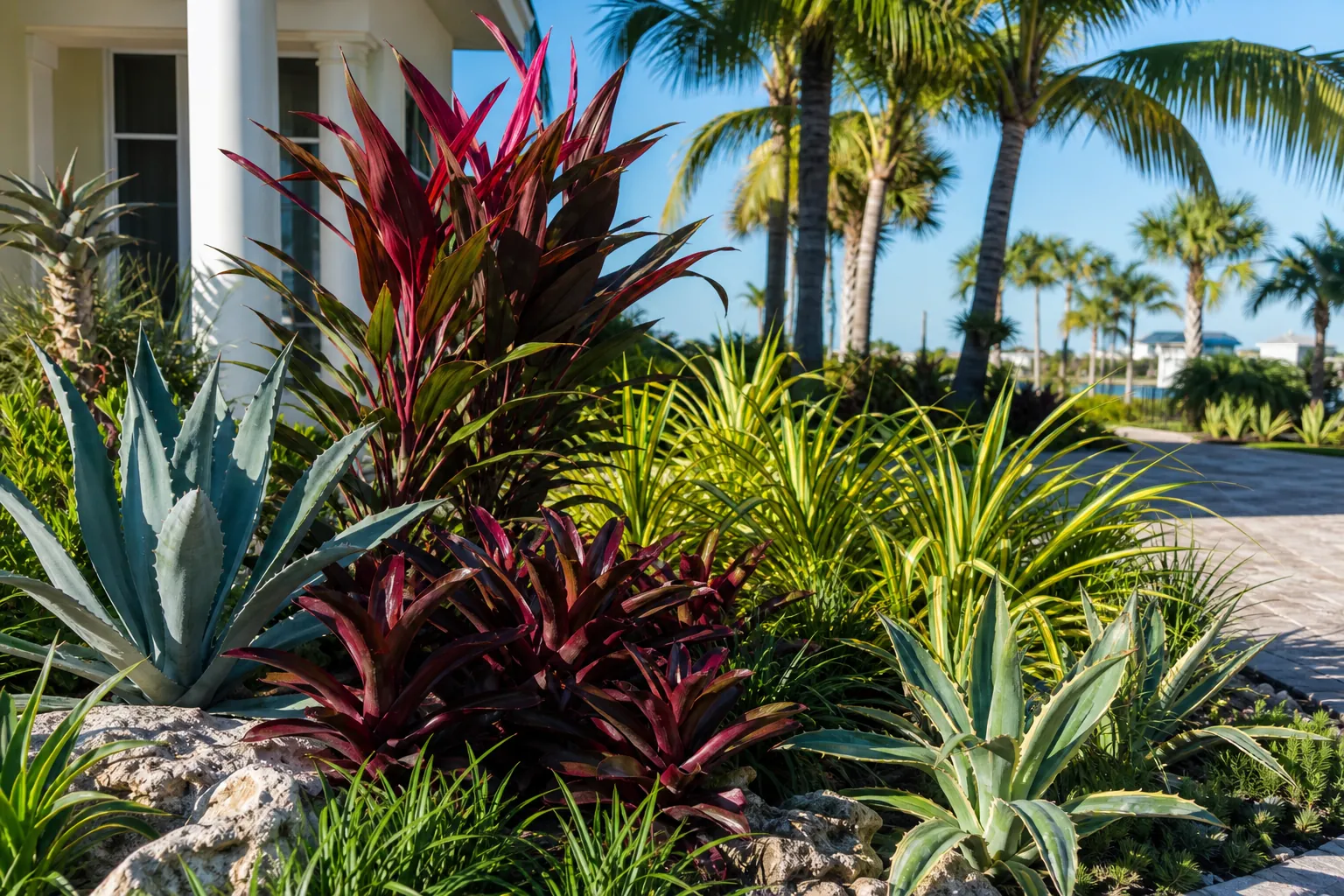 Drought-Tolerant Tropical Plants in Florida Sun Sunlit Florida landscape with agaves, red ti plants, ornamental grasses, and tall palms beside a house.