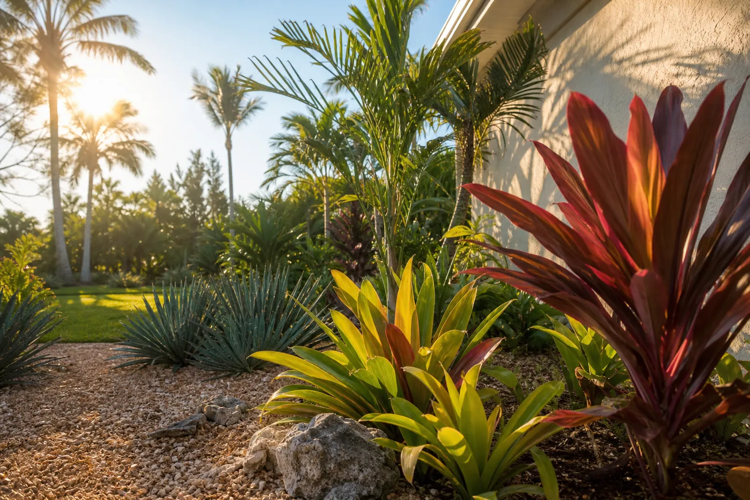 Tropical Landscaping in Bright Afternoon Sun Sunlit tropical landscaping with palms, bromeliads, agaves, rocks, and gravel beside a stucco house.