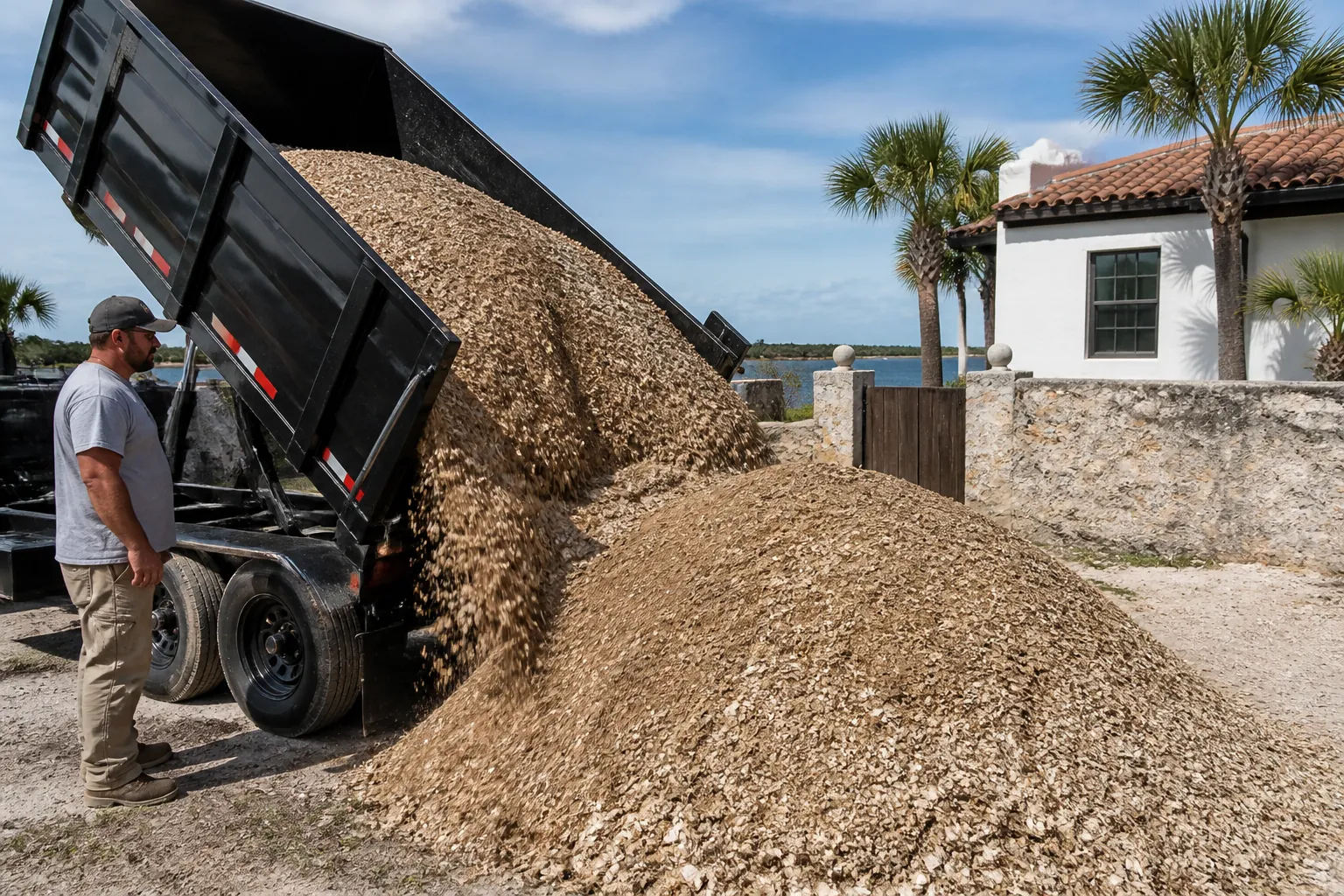 Coquina Shell Delivery Beside a Coastal Home A man watches a raised dump trailer unload crushed coquina shells beside a stone wall, palm trees, and a white stucco house.