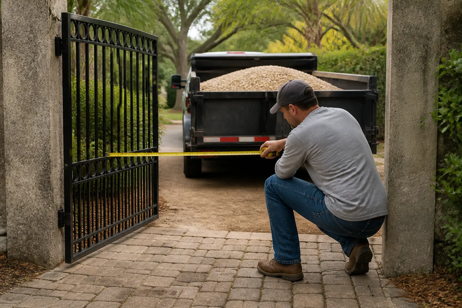 Measuring Gate Clearance for an Aggregate Delivery A crouching man stretches a yellow tape measure across a gated entrance, with a truck loaded with pale aggregate behind him.