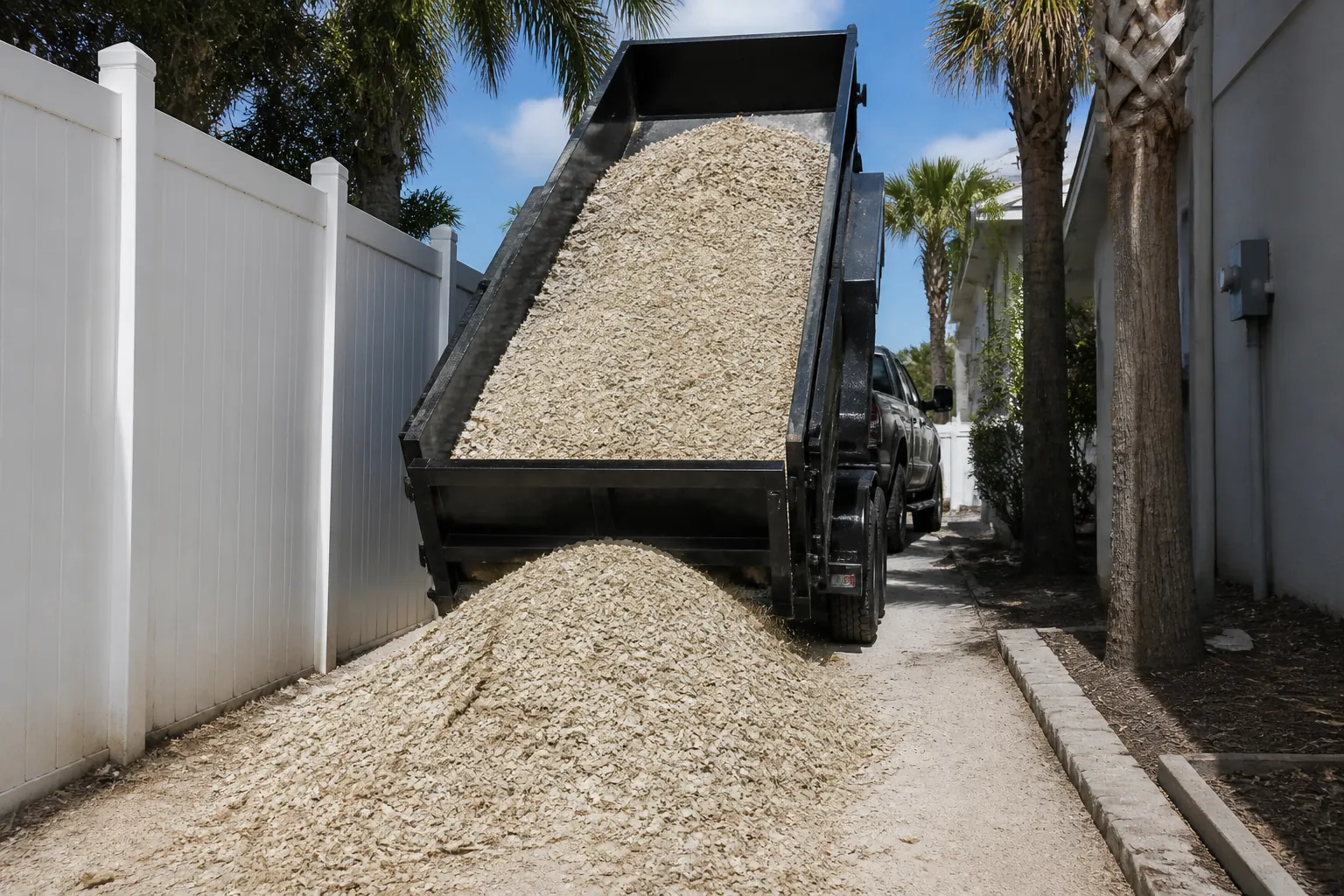 Dump Trailer Shell Delivery in a Narrow Driveway A raised black dump trailer unloads pale shell aggregate in a narrow driveway between a white fence and palm trees beside a house.