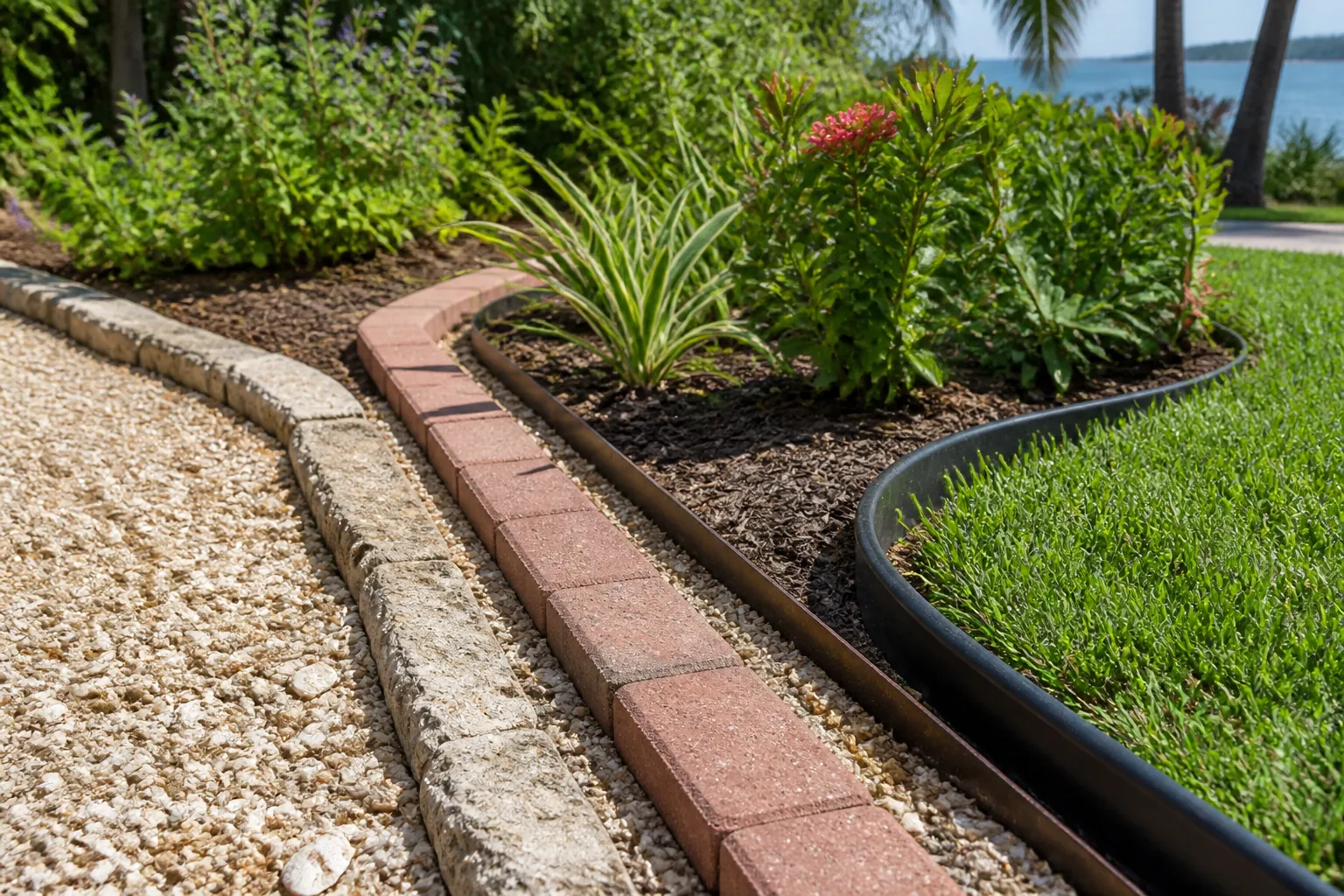 Pale stone blocks, red bricks, and narrow brown and black edging border shell gravel, a planted bed, and green lawn.