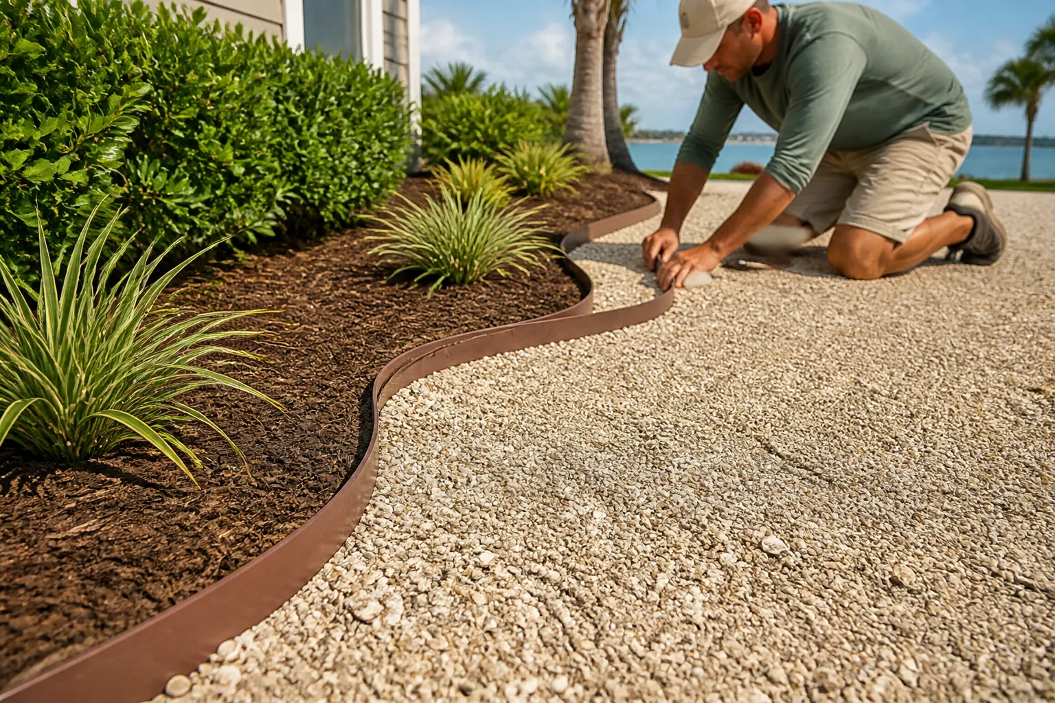A kneeling man adjusts curved brown edging between a pale shell path and a mulched planting bed beside a waterfront home.