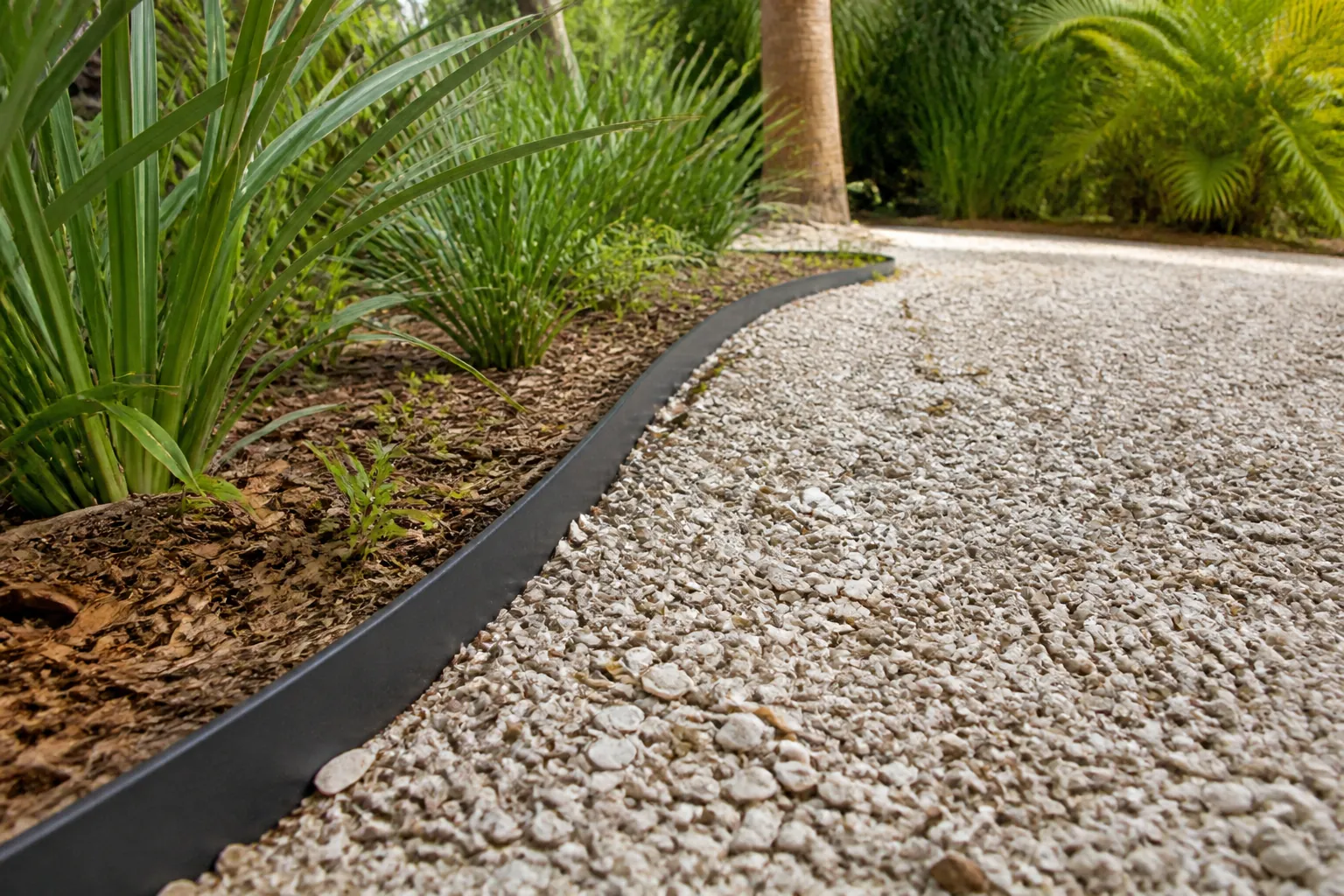Curved black edging separates a pale crushed-shell path from a mulched bed with palms and dense green foliage.