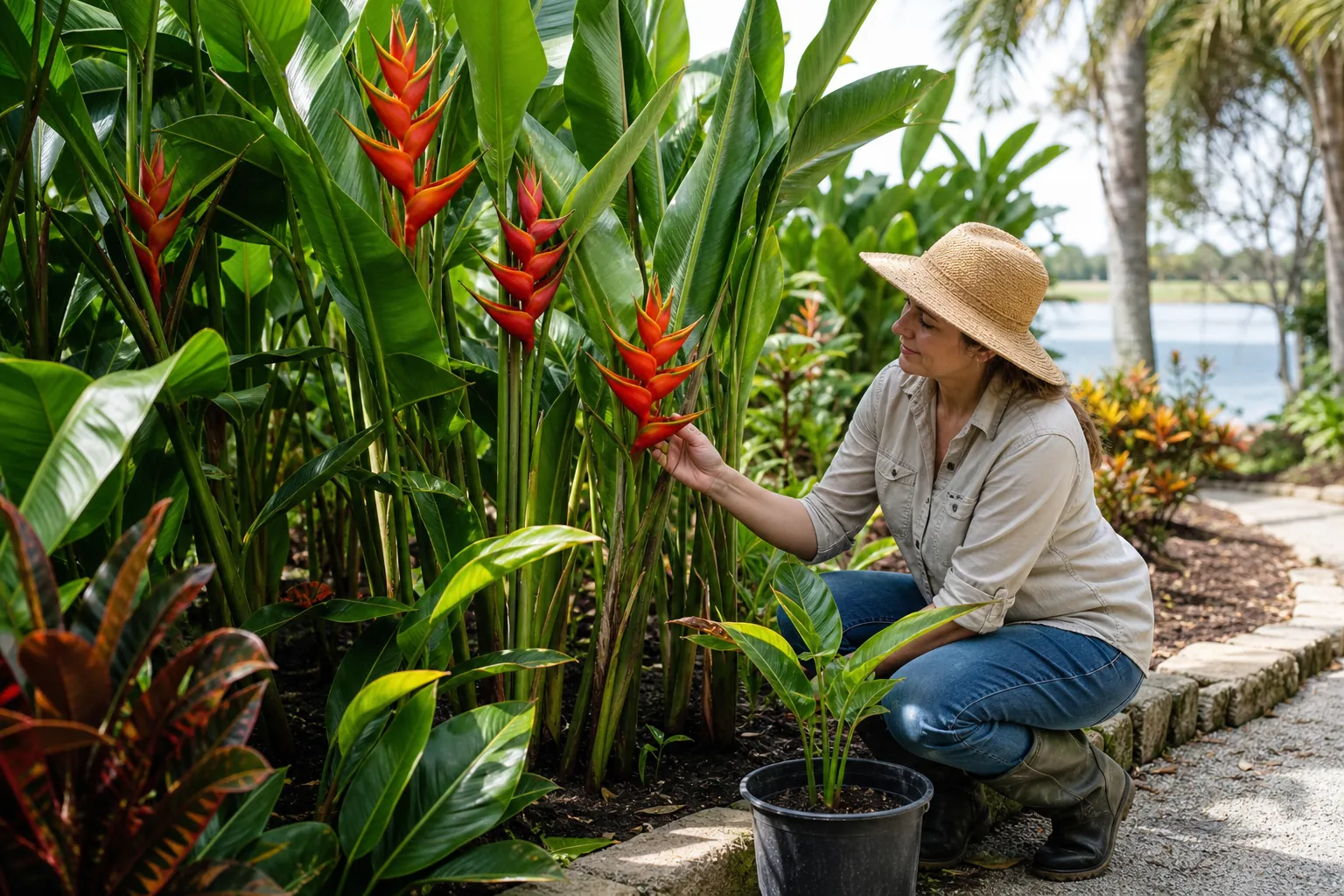 Gardener Examining Red Heliconia Flowers A woman in a sun hat examines red heliconia flowers beside a potted plant in a lush waterfront garden.