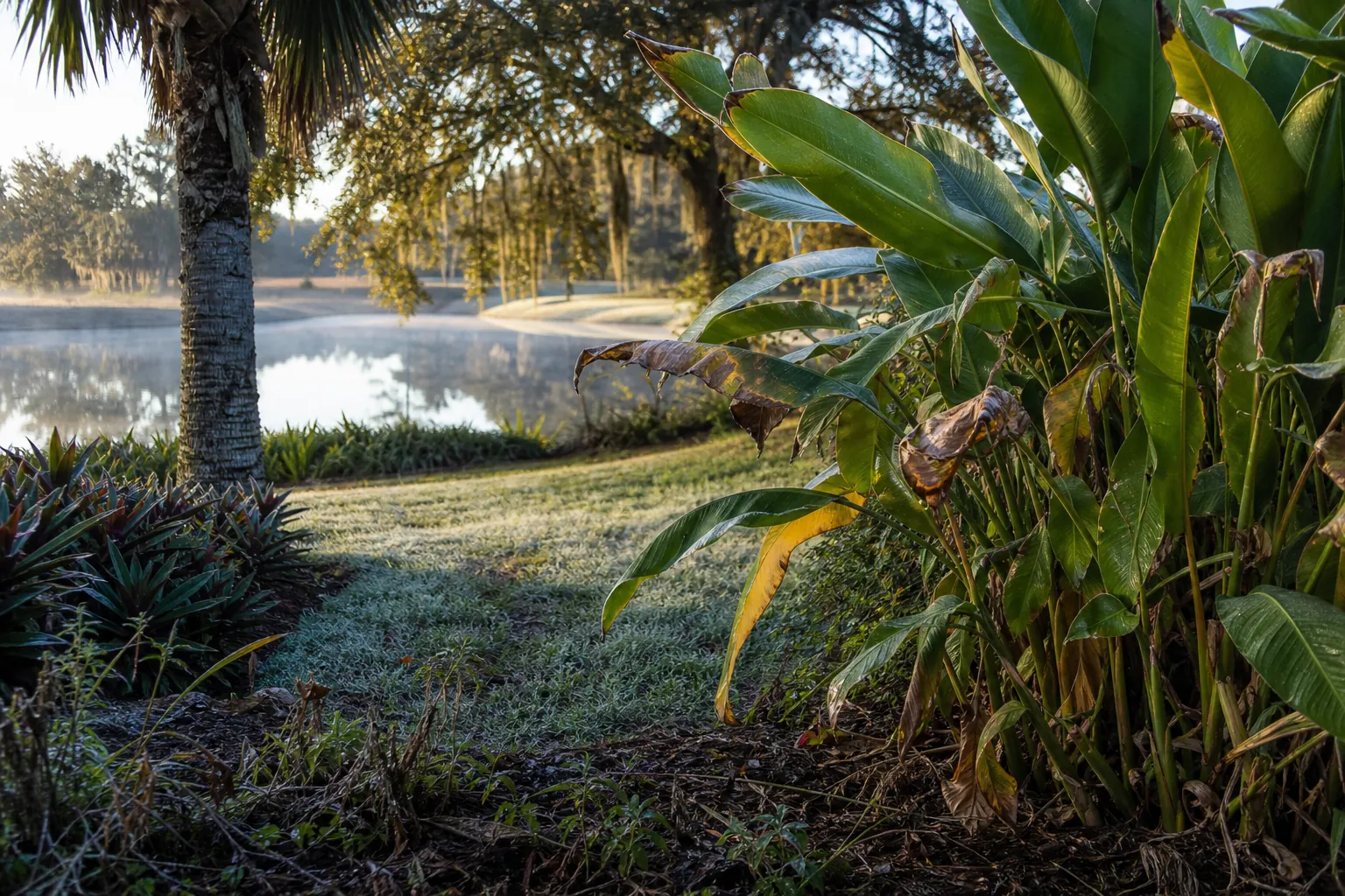 Cold-Damaged Heliconias After a Northeast Florida Frost Frost-covered lawn beside a pond with cold-damaged heliconia leaves in a subtropical Northeast Florida garden.