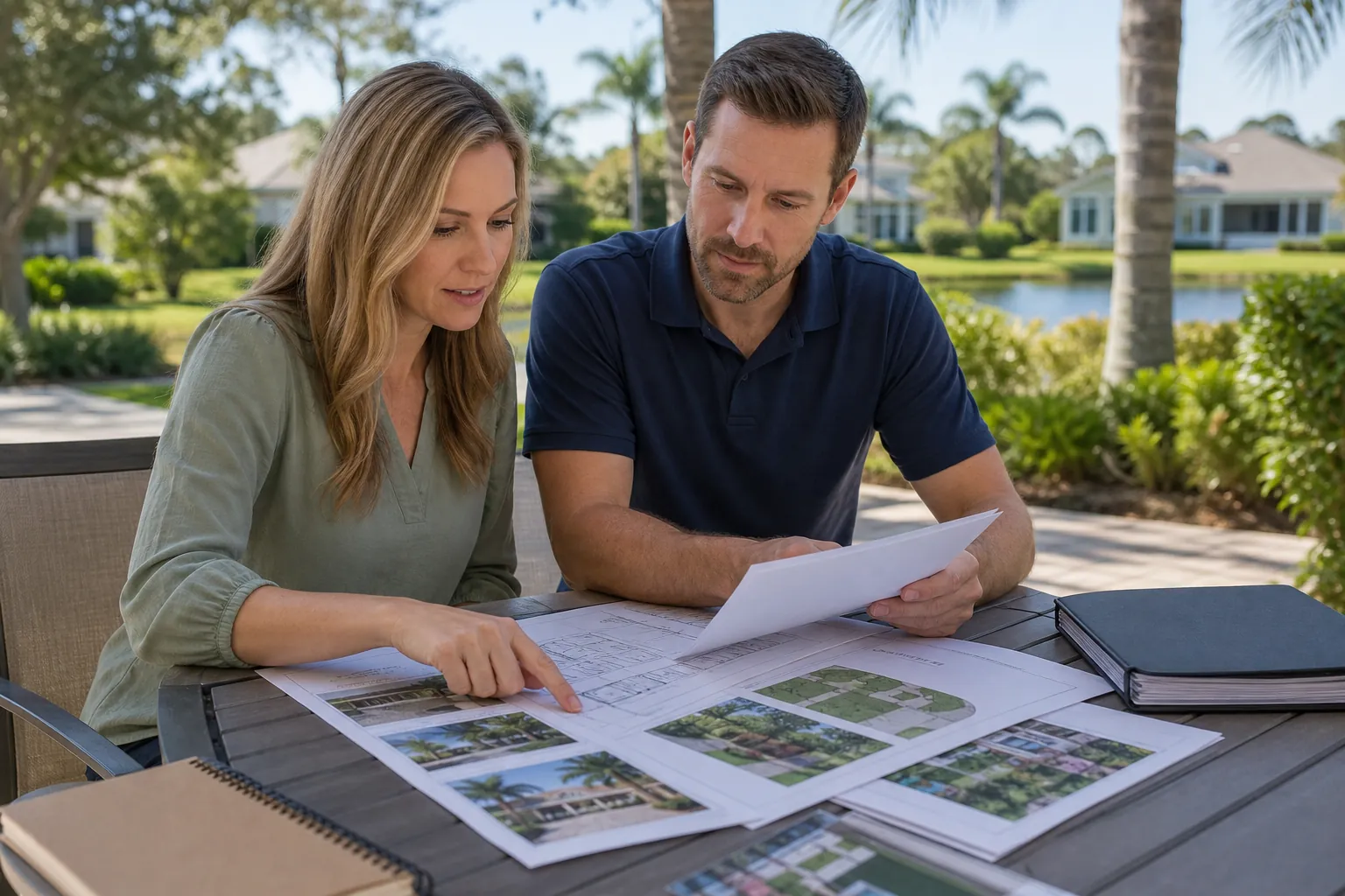 Couple Reviewing HOA Landscape Plans and Community Rules A couple reviews landscape plans and property photos at an outdoor table in a landscaped residential community.