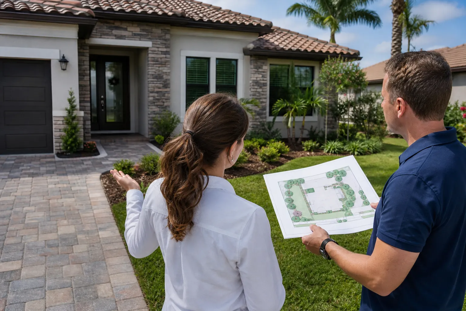 Reviewing a Landscape Plan Against the Existing Property Two people compare a landscape plan with the existing front yard of a stucco home with palms and planting beds.