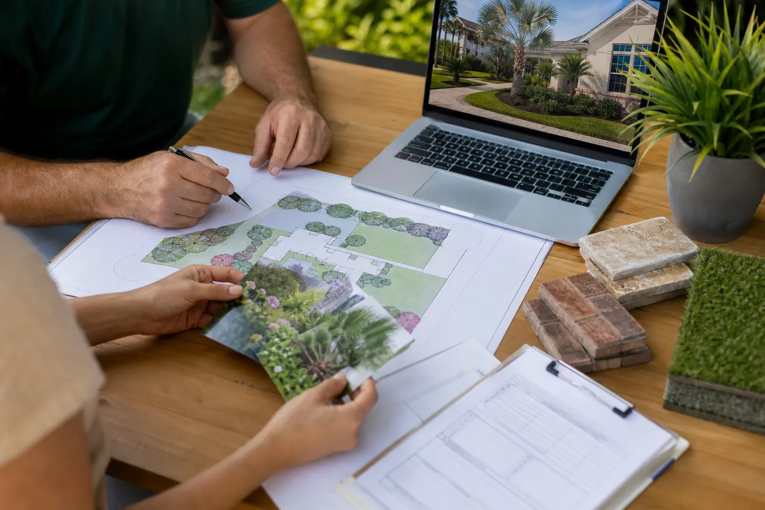 Reviewing a Residential Landscape Approval Plan Two people review a residential landscape plan, garden reference photo, material samples, and a laptop showing a landscaped home.