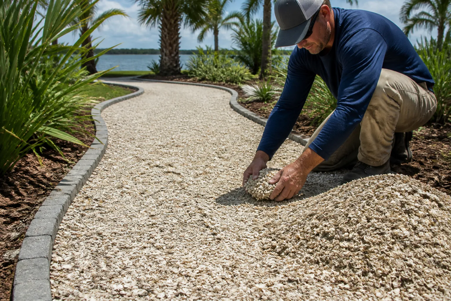 Man Spreading Crushed Shells on a Curved Garden Path A kneeling man spreads crushed shells on a curved, stone-edged path beside palms, with a shell pile nearby and water behind.