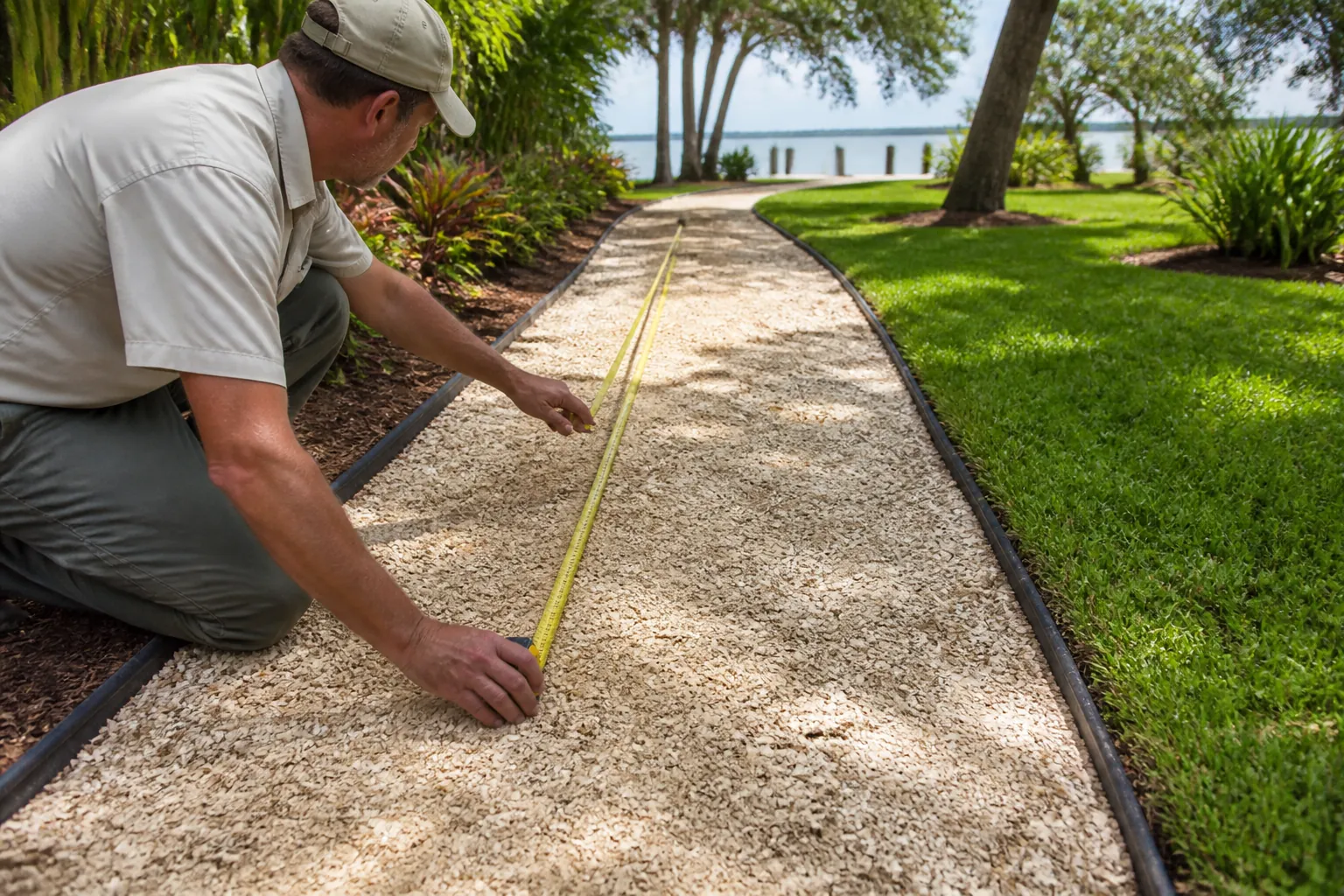 Measuring a Shell Path With a Tape Measure A man kneels beside a shell-covered garden path, stretching a yellow measuring tape along it toward the waterfront.