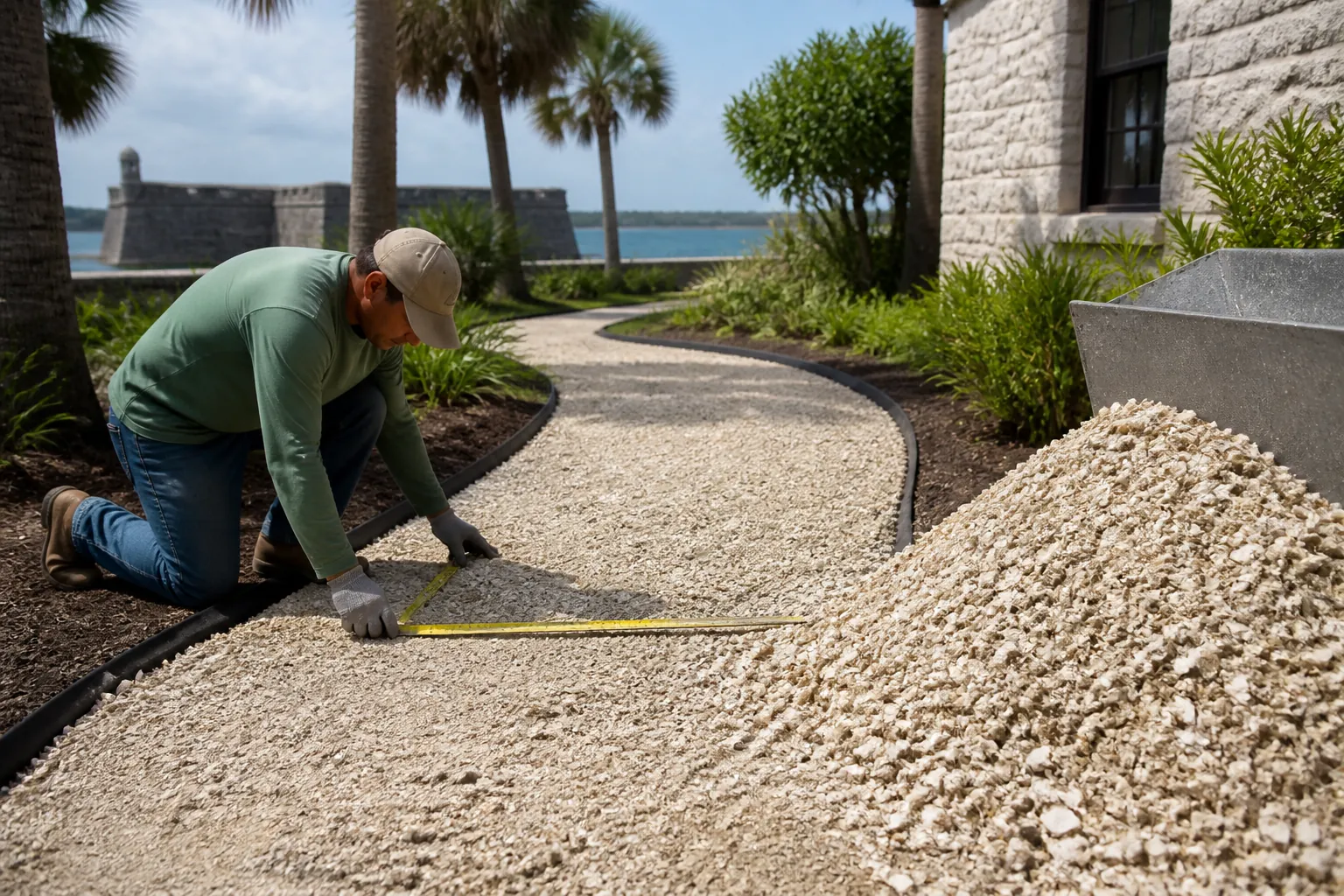 Measuring a Coquina Shell Path Beside a Shell Pile A kneeling worker measures a curved coquina shell path beside a large shell pile, with palms and a waterfront fort behind him.