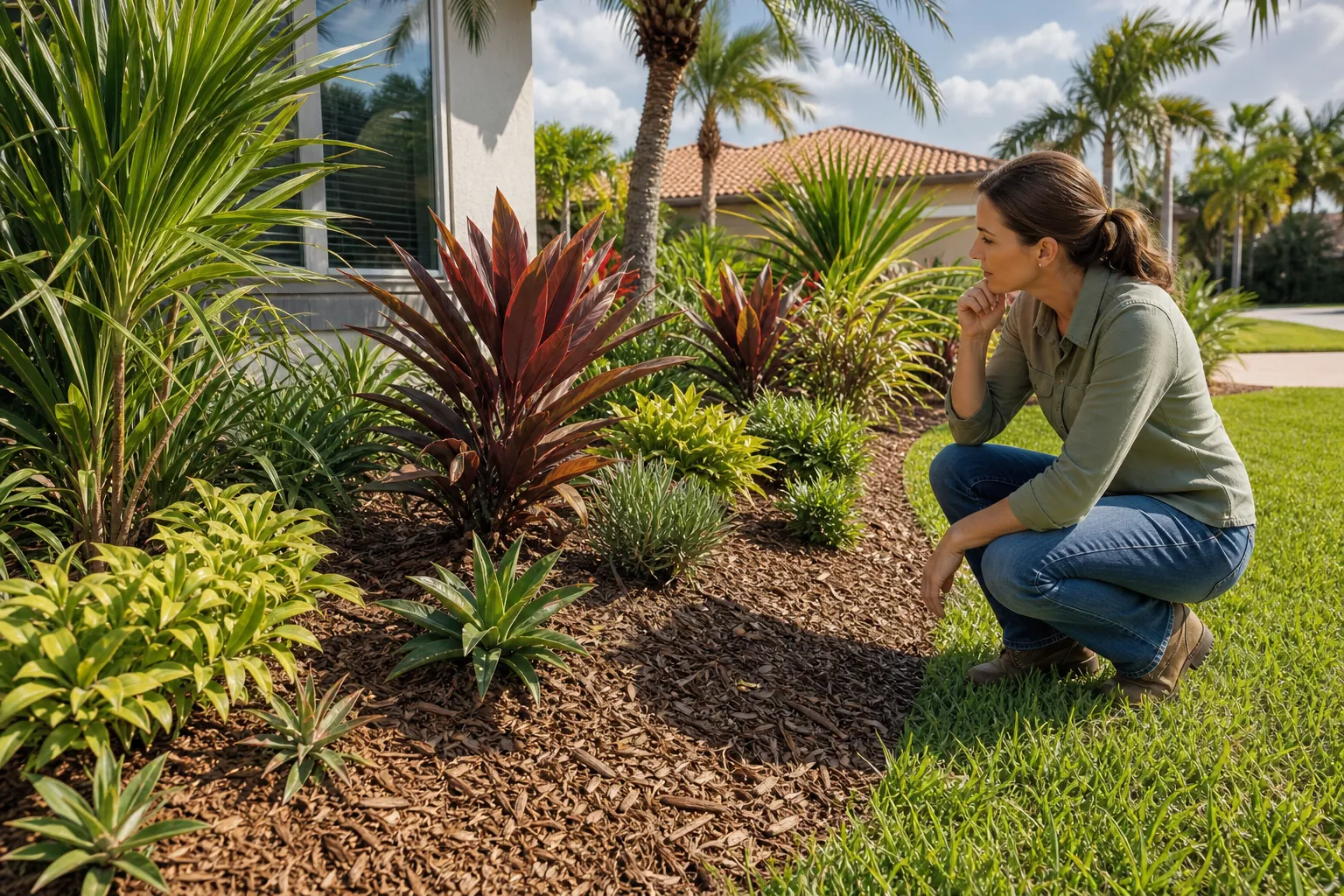 Evaluating a Sunny Tropical Garden Bed in Florida Woman crouching beside a sunny, mulched tropical garden bed with palms, bromeliads, and other drought-tolerant plants.