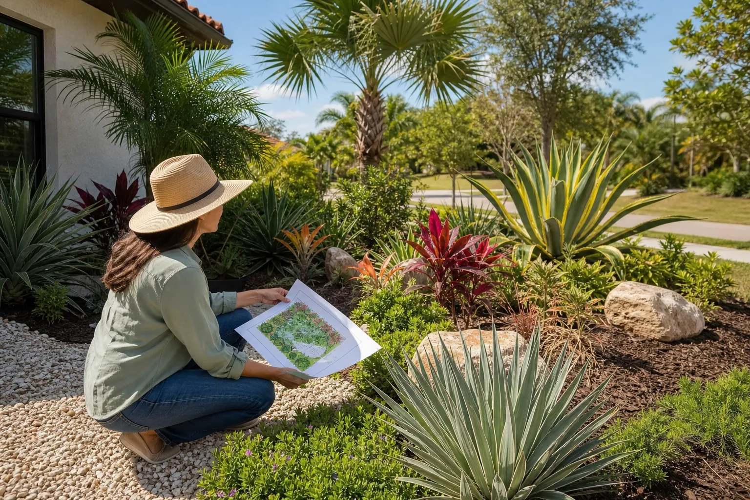 Planning Mature Plant Sizes in a Tropical Florida Garden Woman holding a planting plan beside a landscaped tropical bed with palms, agaves, colorful foliage, rocks, and gravel.
